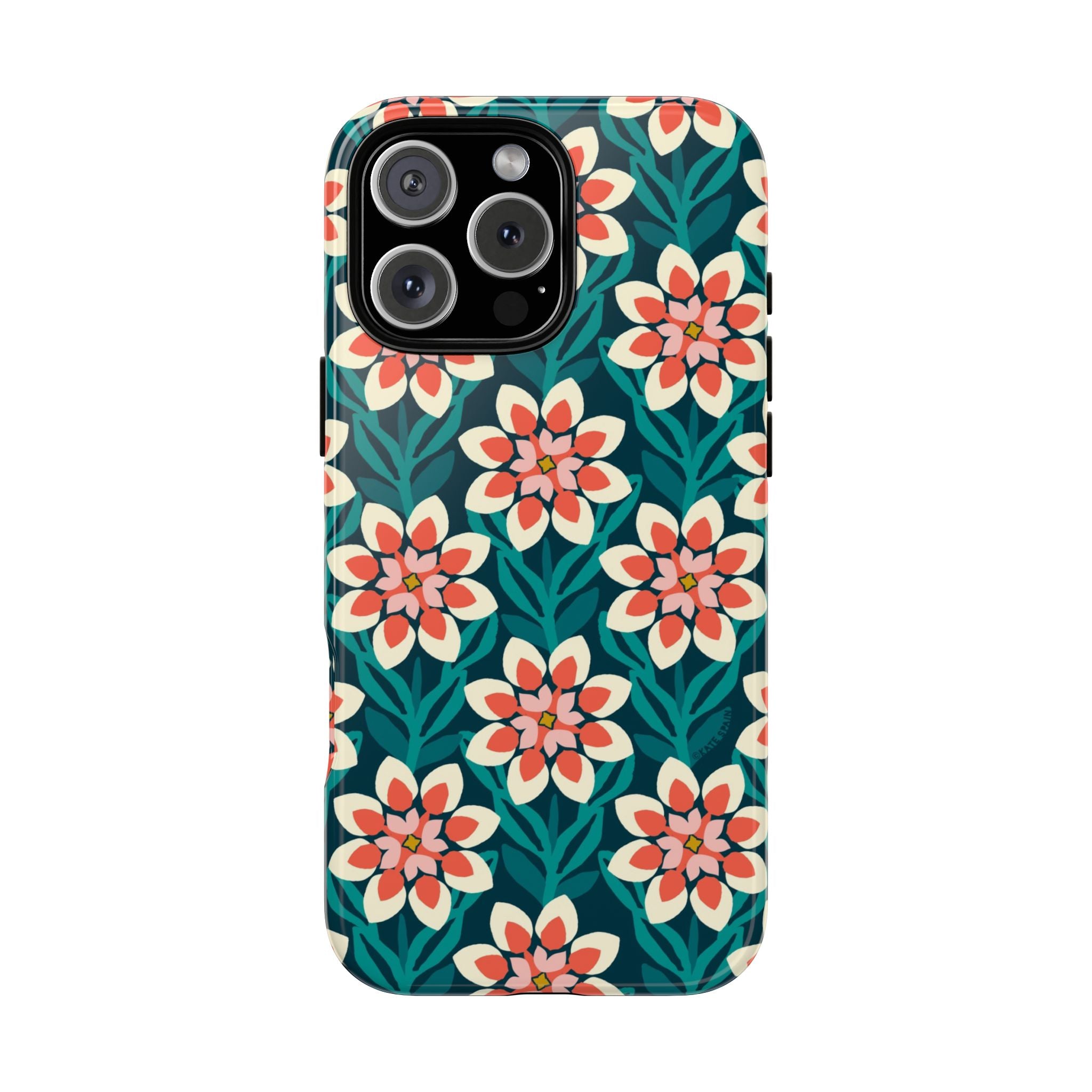 Modern Dahlia Tough iPhone 16 Pro Max Case – Glossy | teal, coral, cream geometric dahlia floral print
