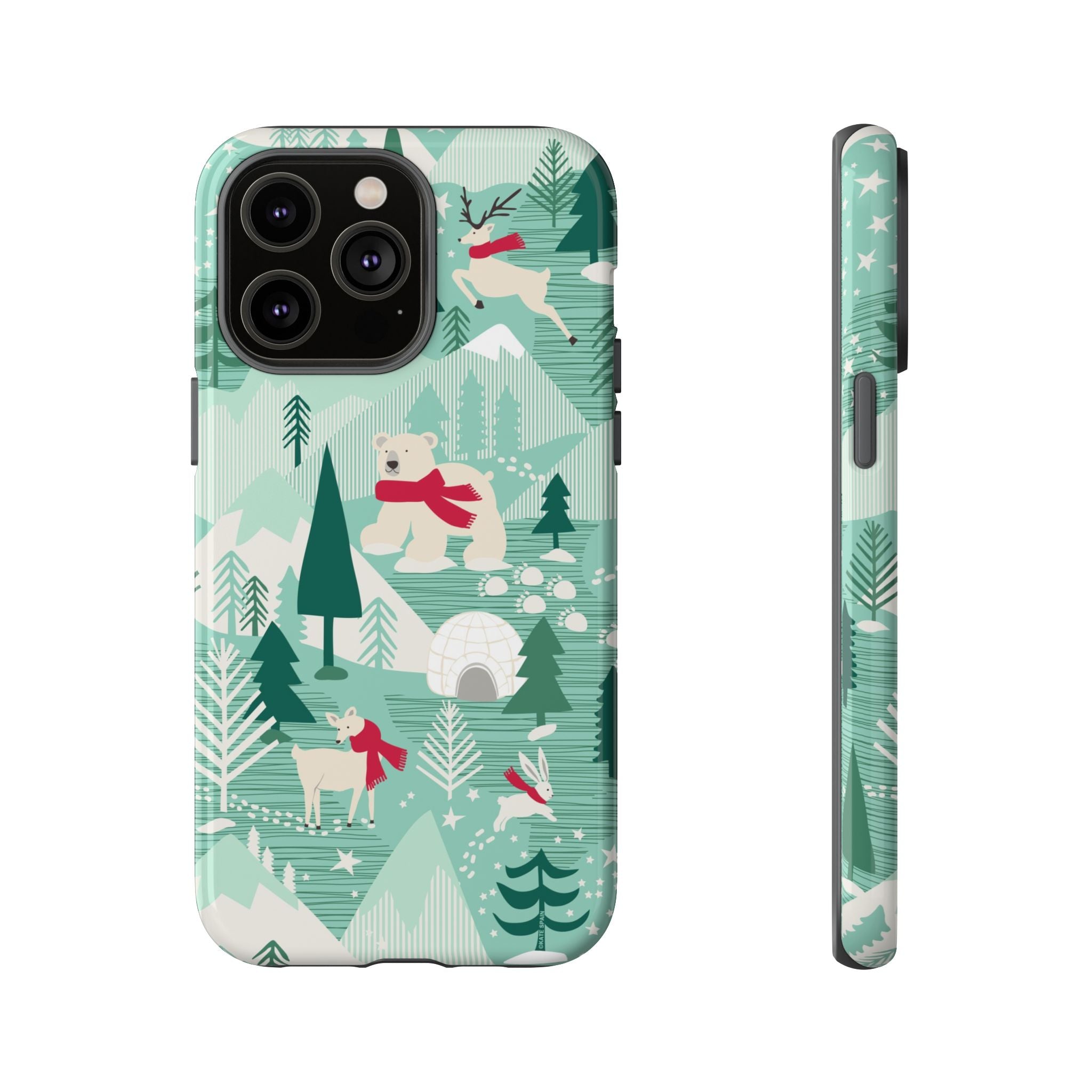 Arctica Winter Tough iPhone 14 Pro Max Case – Glossy | aqua, evergreen, white, animal frolic winter wonderland print