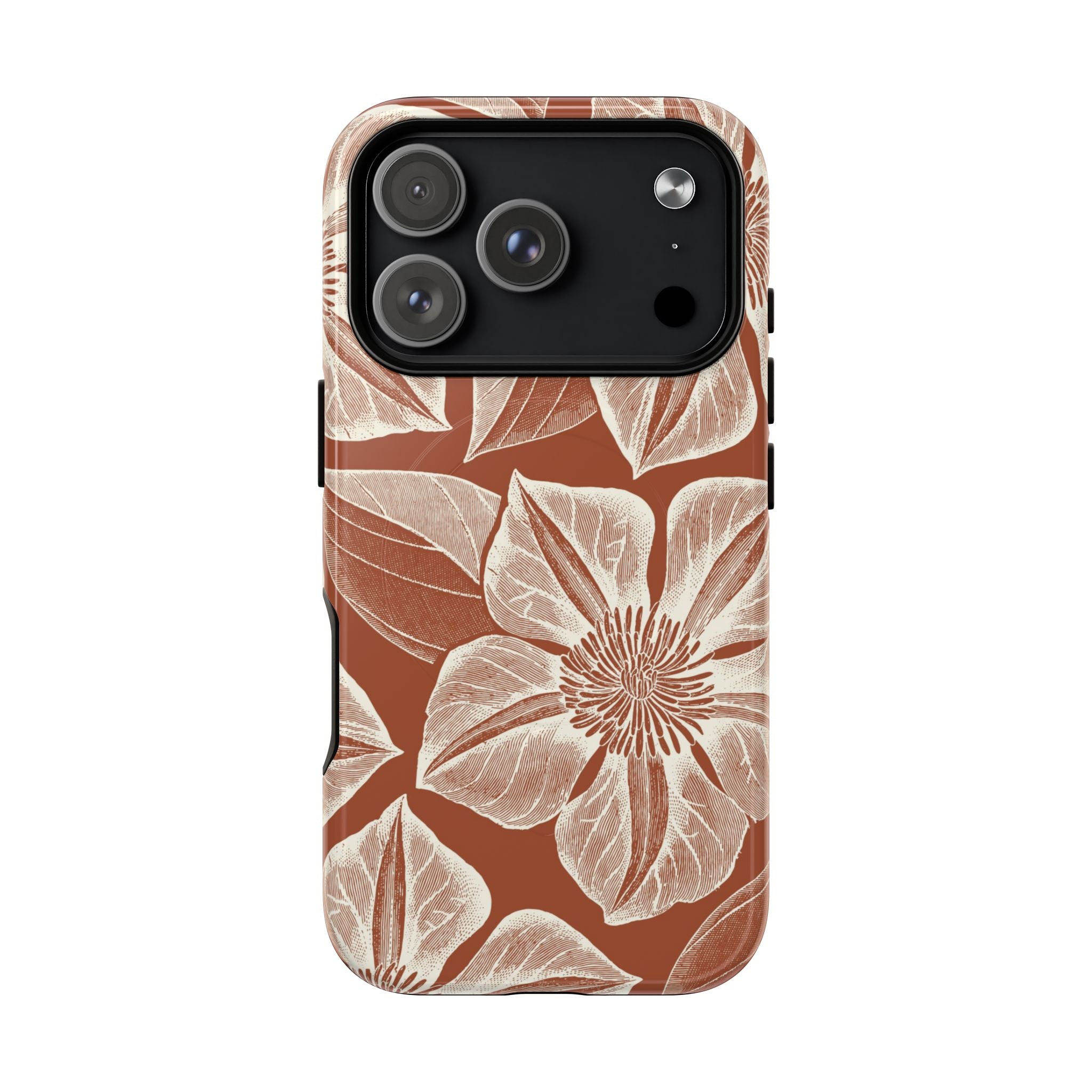 Vintage Bloom Sienna MagSafe iPhone 17 Pro – Glossy | sienna ground, large-scale cream clematis print, engraved petal detail, dual-layer protection
