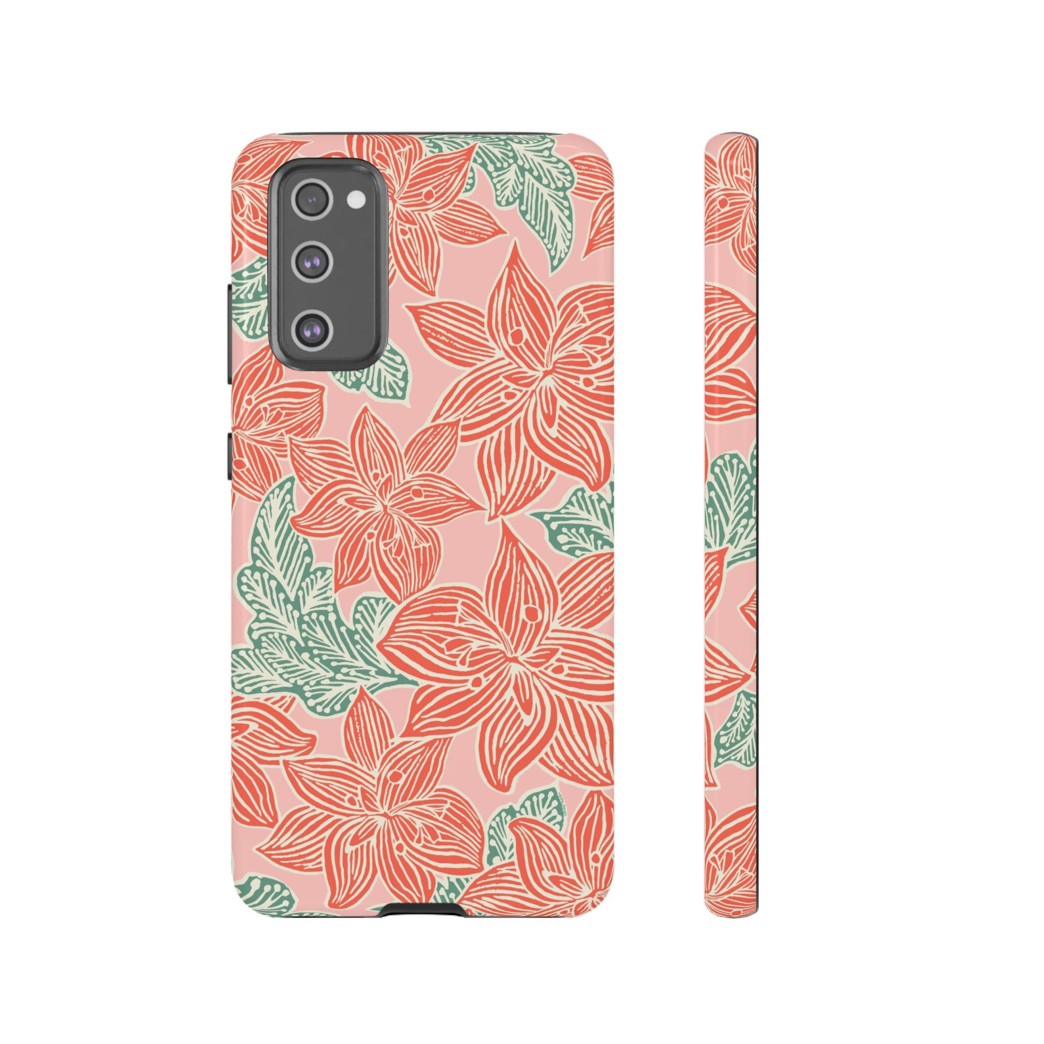 Hibiscus Coral Samsung Galaxy S20 FE Glossy Case — blush pink hard case with large-scale coral red hibiscus flowers and teal-green leaves in a bold botanical linework print, densely layered across the surface