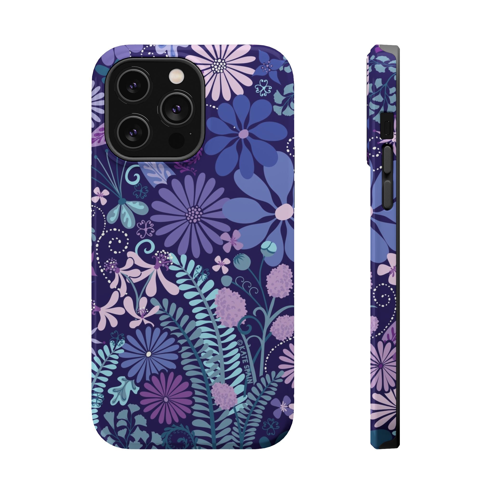 Luxury Terrain MagSafe iPhone 14 Pro Max Case – Glossy | navy, purple, aqua botanical woodland floral print