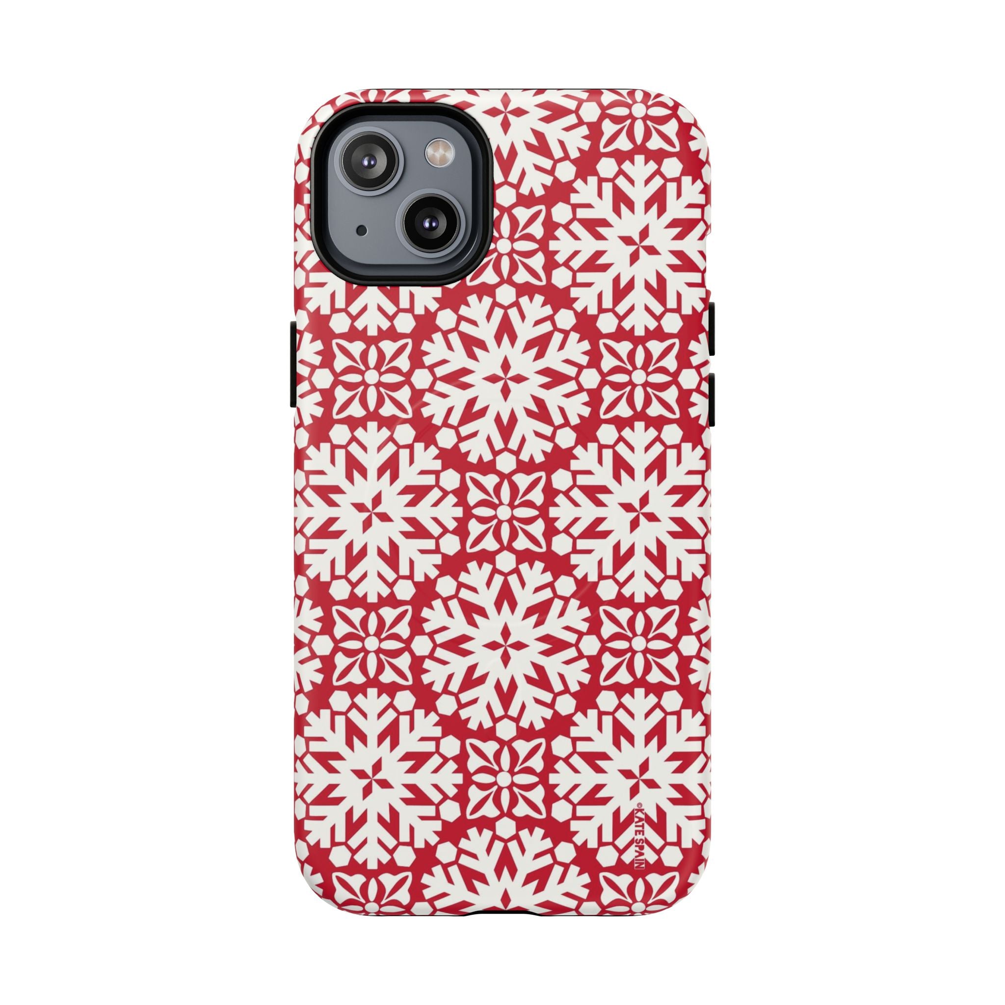 Flurry MagSafe iPhone 14 Plus Case – Matte | red and cream geometric snowflake tile print