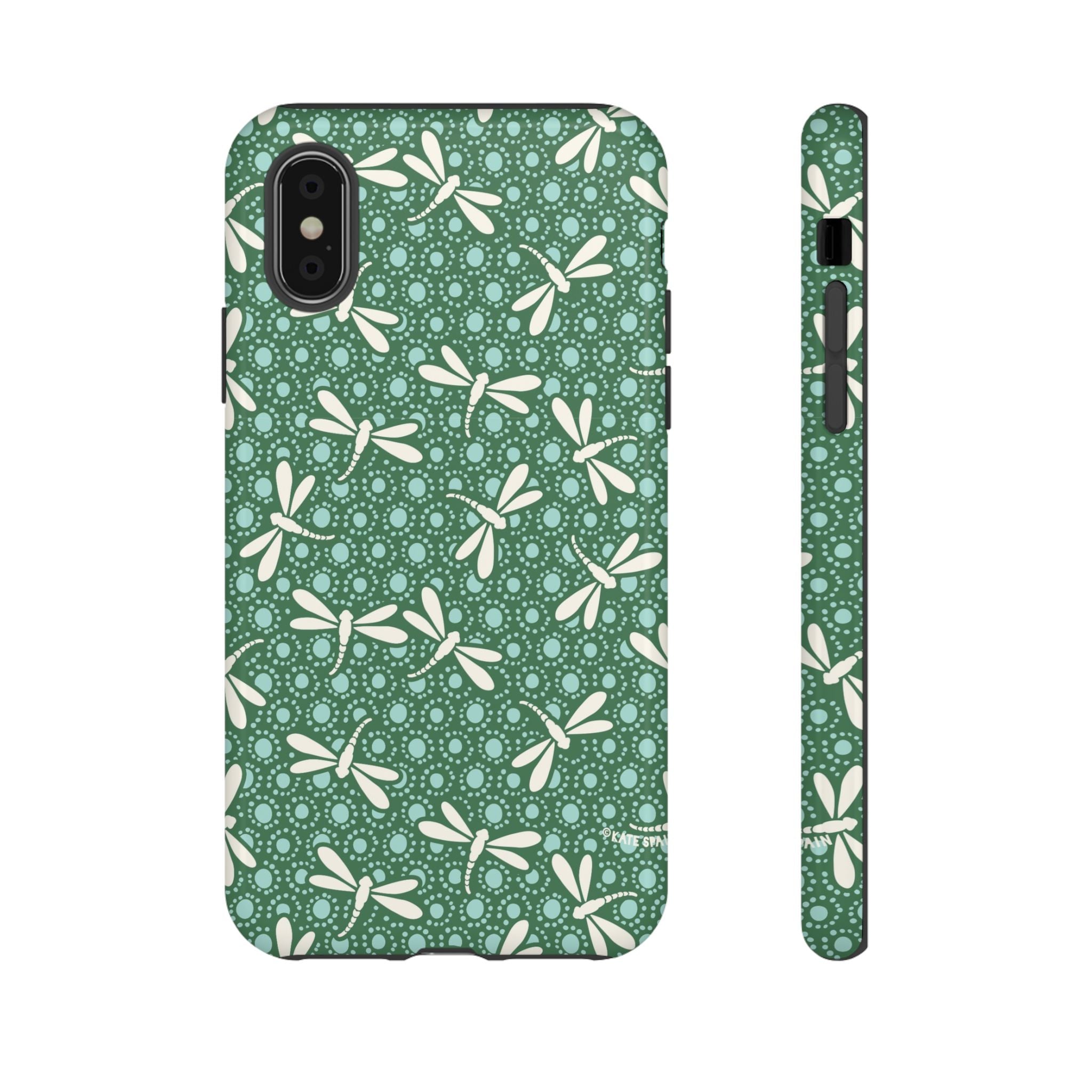 Designer Dragonfly Tough iPhone X Case – Glossy | jade green, aqua, cream dragonfly print