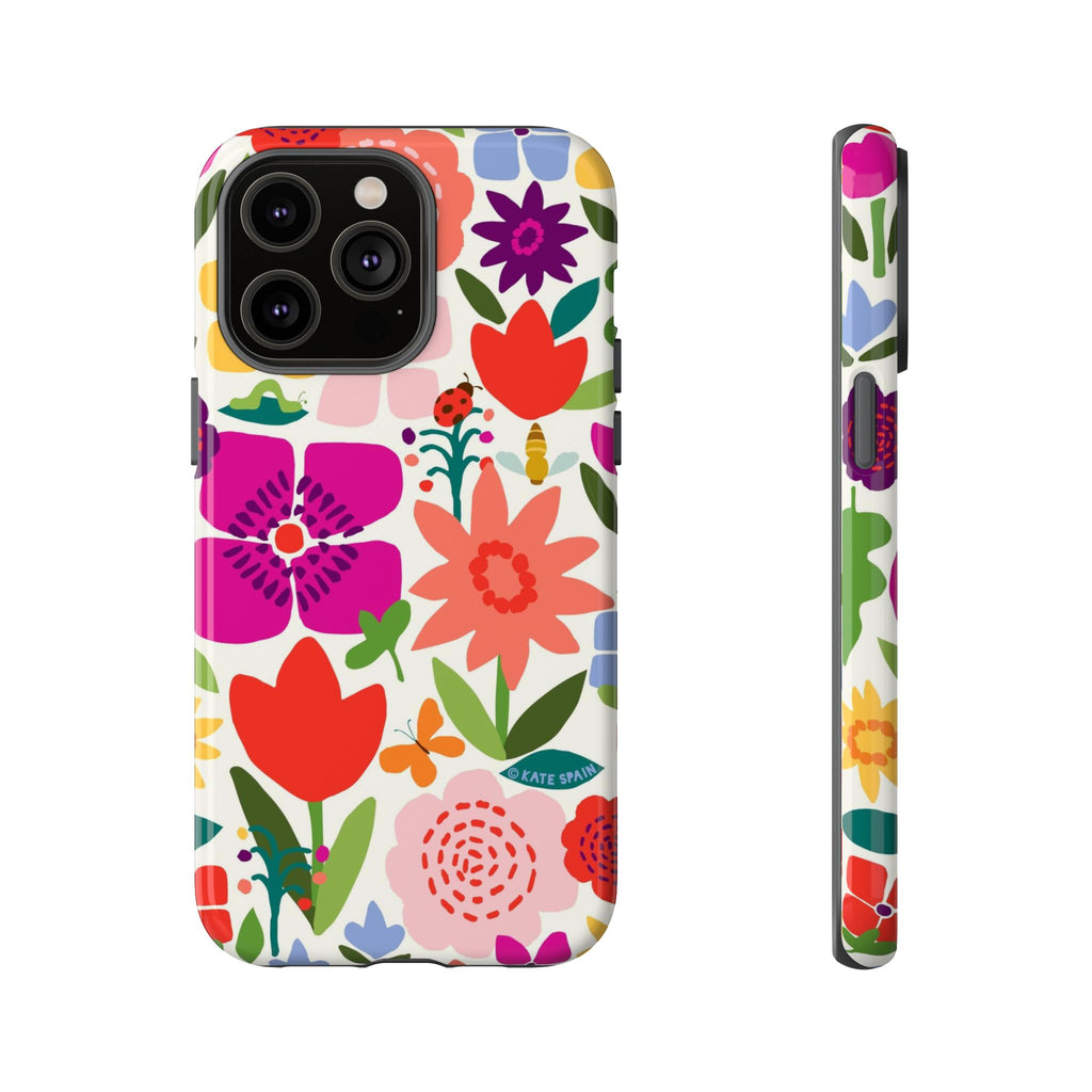 Happy Blooms Tough iPhone 14 Pro Max Case – Glossy | cream, red, magenta, coral botanical floral print