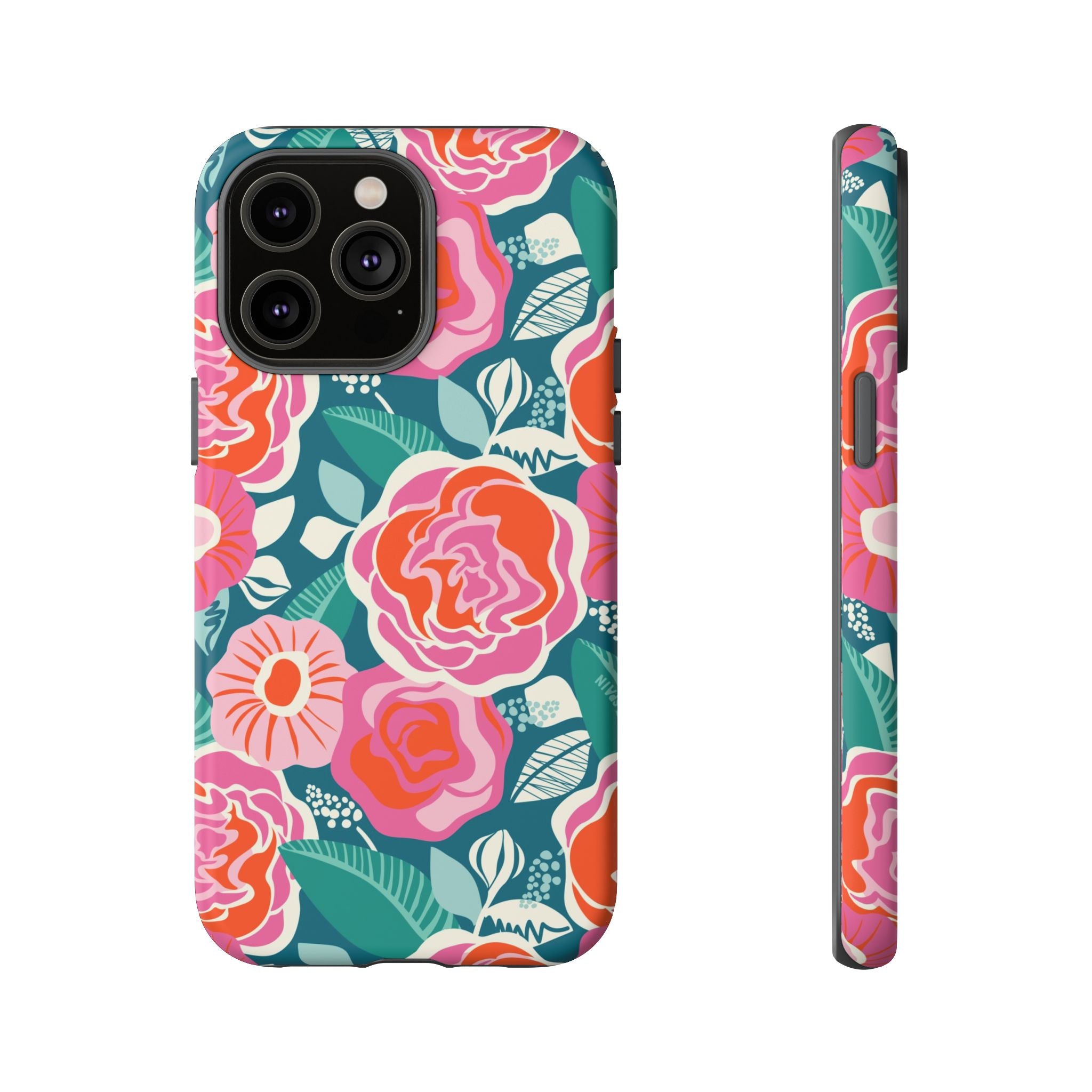 Tea Rose Teal Tough iPhone 14 Pro Max Case – Matte | teal, coral, pink botanical rose floral print
