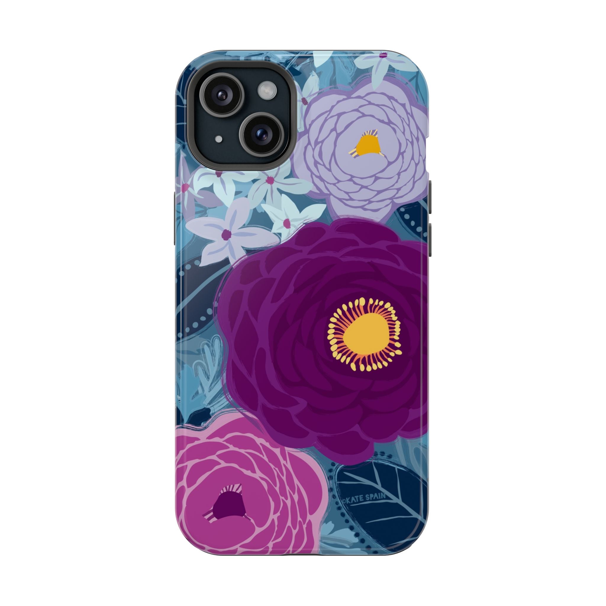 Bloomerie MagSafe iPhone 15 Plus Case – Glossy | navy, purple, magenta botanical peony floral print