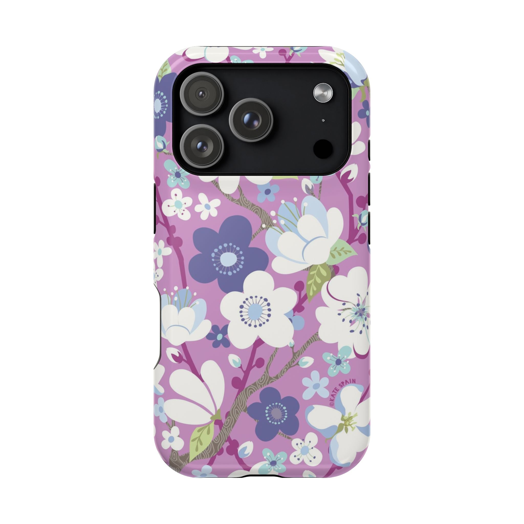 Luxury Cherry Blossom MagSafe iPhone 17 Pro Case – Glossy | mauve, purple, blue, white cherry blossom print
