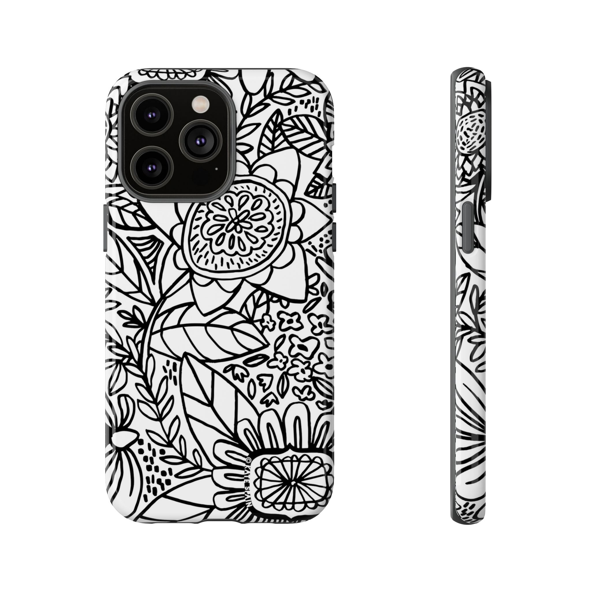 Esprit Tough iPhone 14 Pro Max Case – Glossy | white, black botanical line art floral print