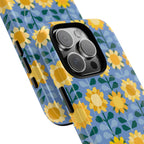 Sunflowers MagSafe iPhone 16 Pro Max Case – Glossy | blue, yellow, gold geometric sunflower print | angled view closeup of camera cutout and buttons