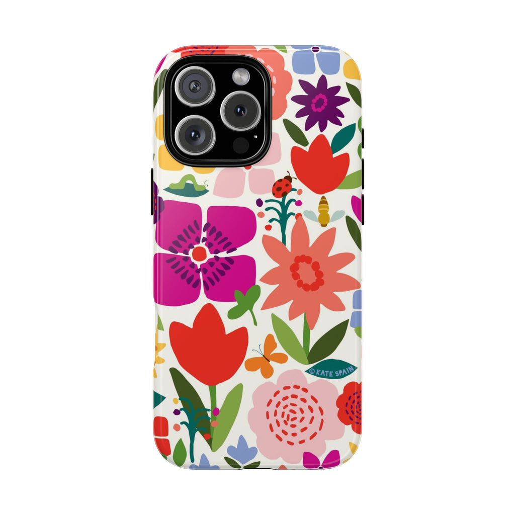 Happy Blooms Tough iPhone 16 Pro Case – Matte | cream, red, magenta, coral botanical floral print