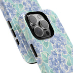 Nantucket Hydrangea iPhone 16 Pro Max Case – Glossy | periwinkle, sky blue, mint hydrangea floral print — angled view