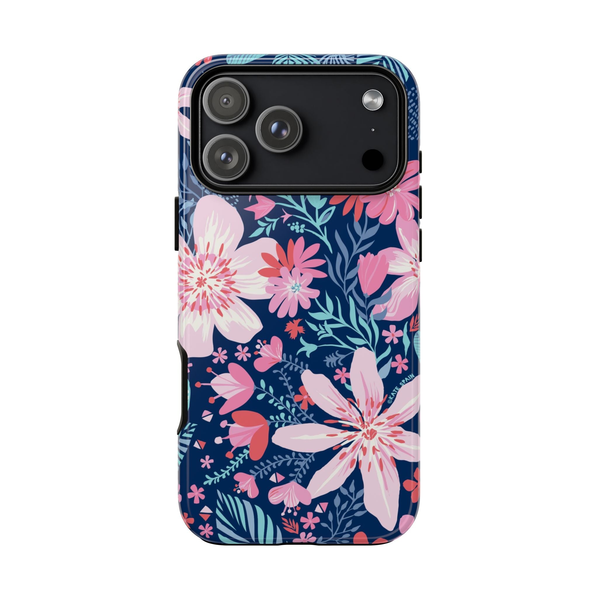 Bonaire Tough iPhone 17 Pro Max Case – Glossy | navy, pink, white tropical floral botanical print