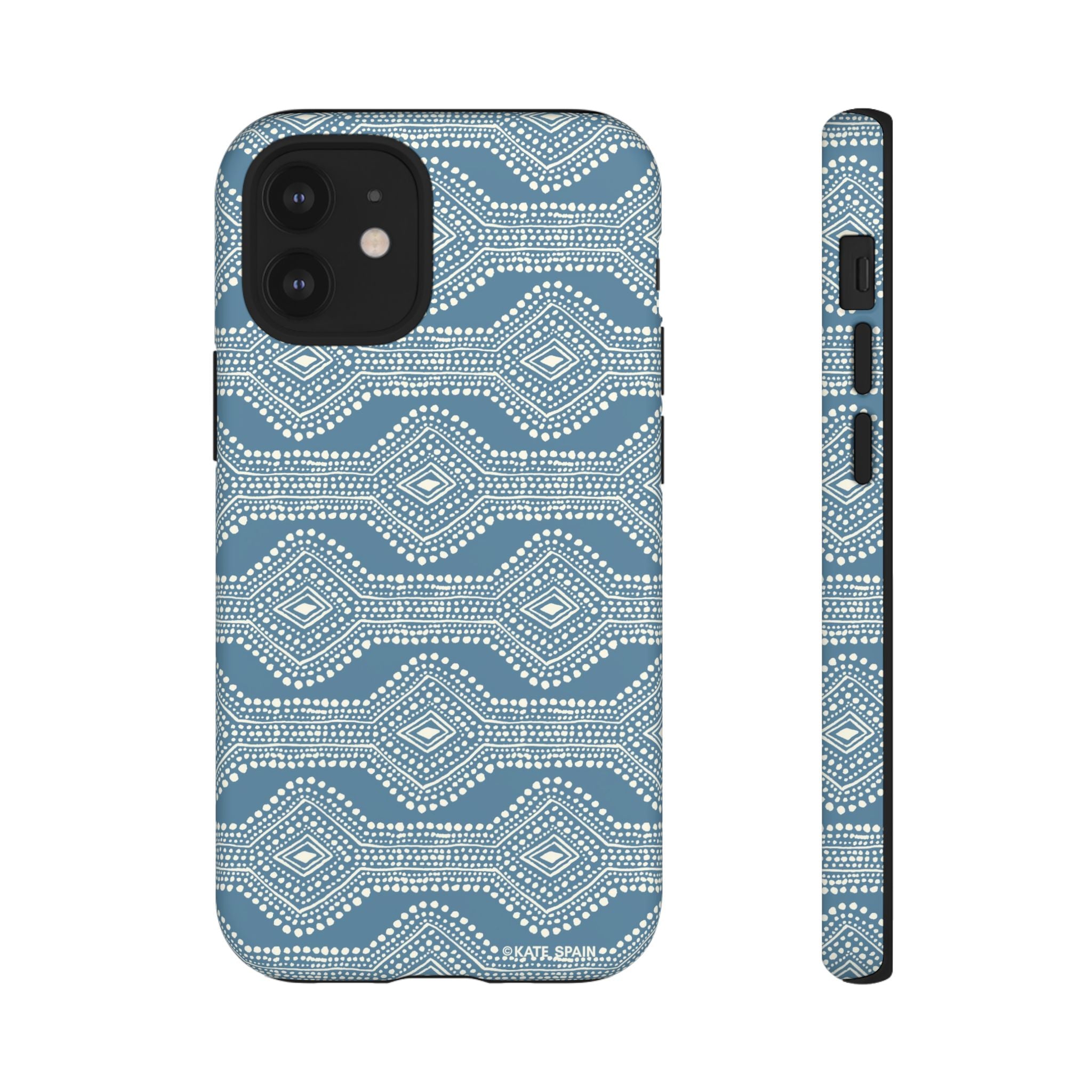 Diamond Dots Tough iPhone 12 Mini Case – Matte | steel blue, white diamond dot geometric print