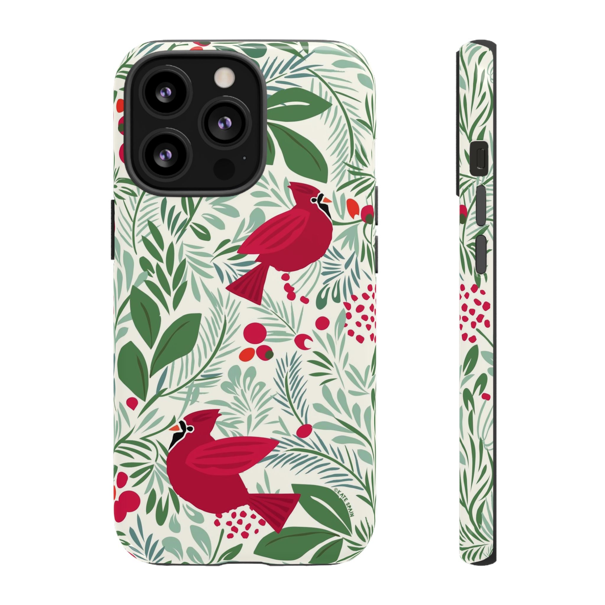 Birds and Berries Tough iPhone 13 Pro Case – Glossy | cream, red, green botanical cardinal berry print