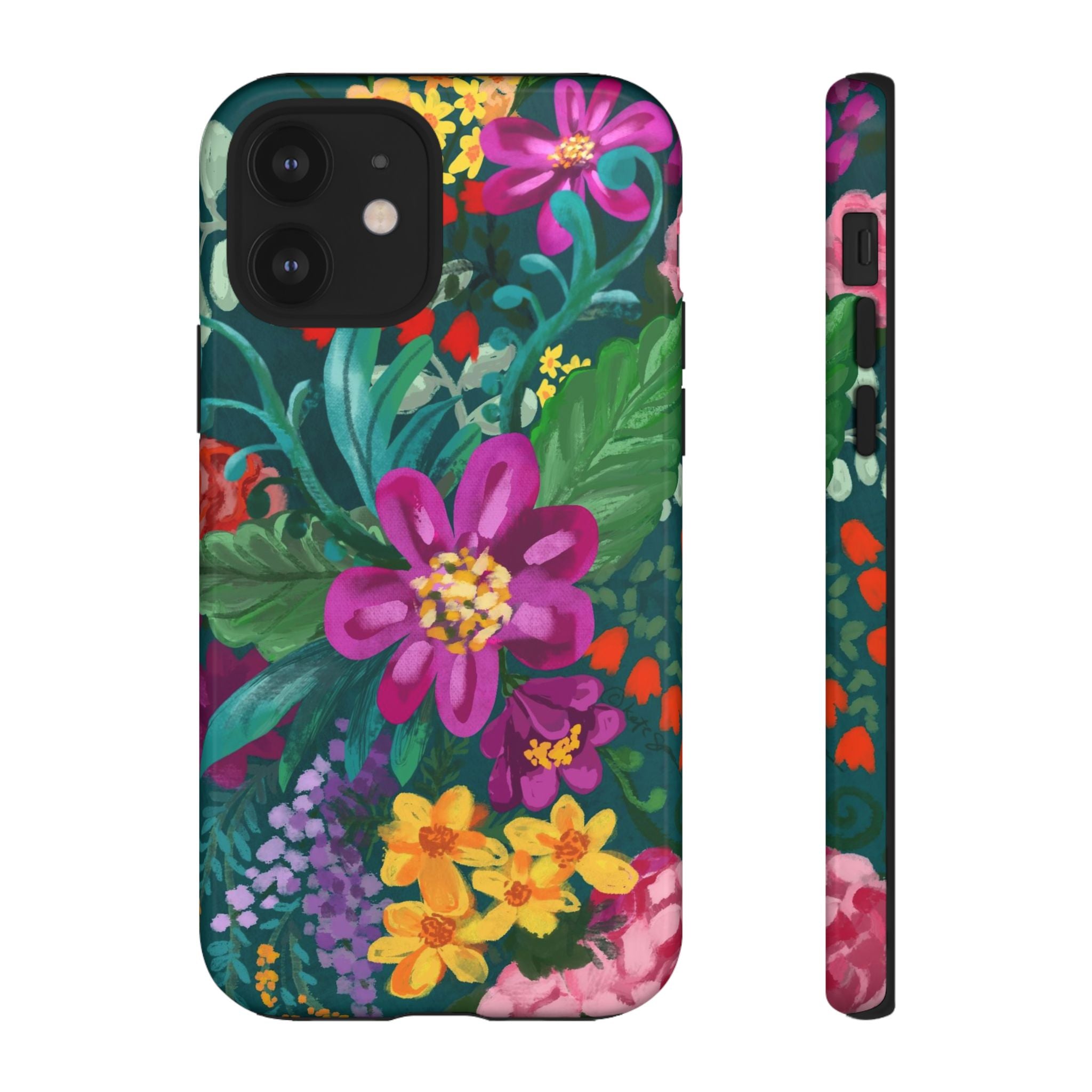 Posy Tough iPhone 12 Case – Glossy | teal, purple, magenta, yellow botanical wildflower print