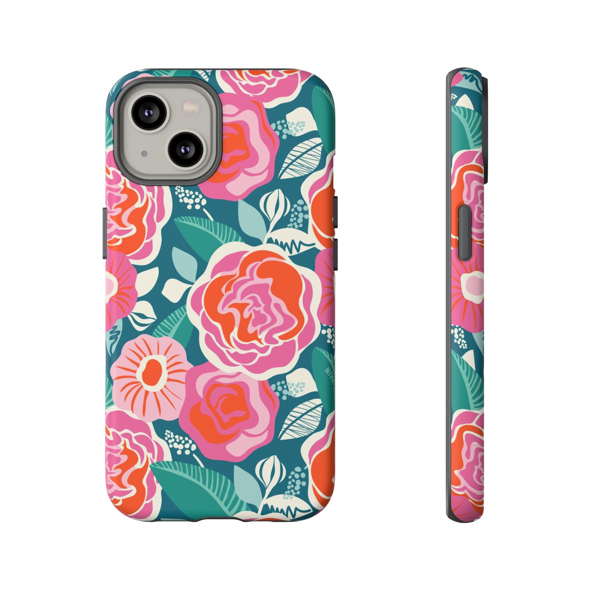 Tea Rose Teal Tough iPhone 14 Case – Matte | teal, coral, pink botanical rose floral print