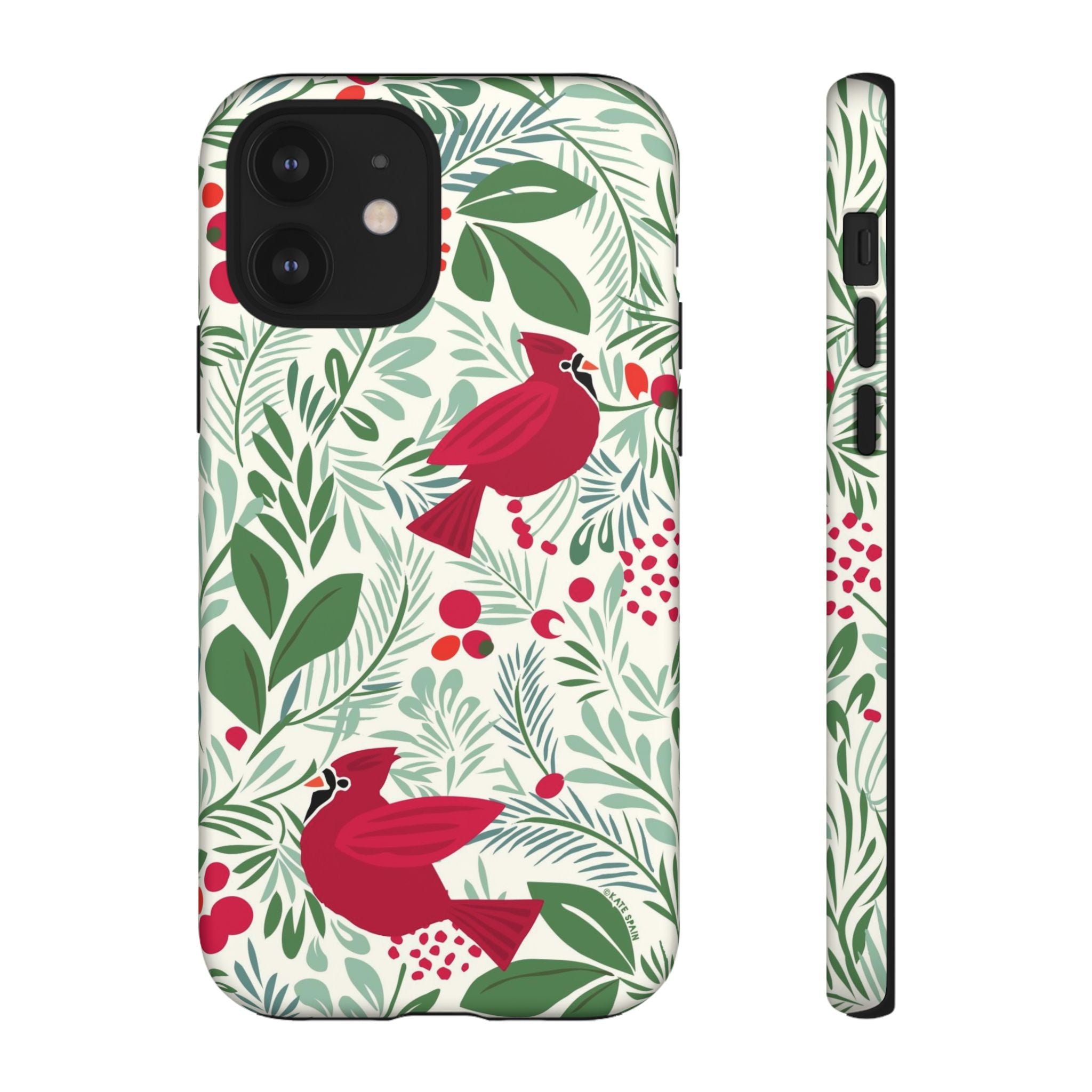 Birds and Berries Tough iPhone 12 Case – Matte | cream, red, green botanical cardinal berry print