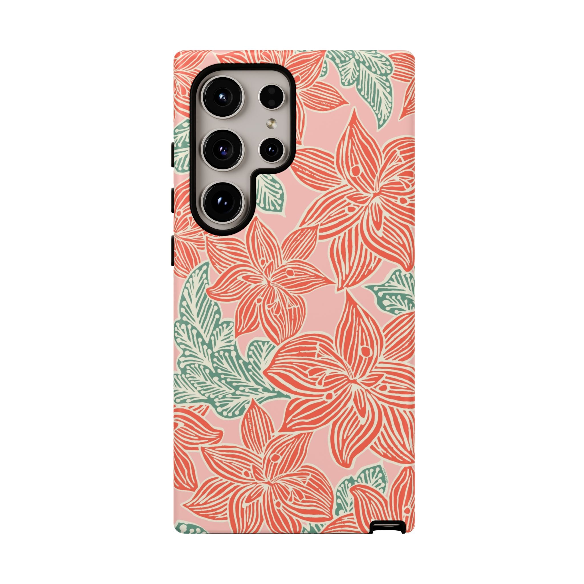 Hibiscus Coral Samsung Galaxy S24 Ultra Matte Case — blush pink hard case with large-scale coral red hibiscus flowers and teal-green leaves in a bold botanical linework print, densely layered across the surface