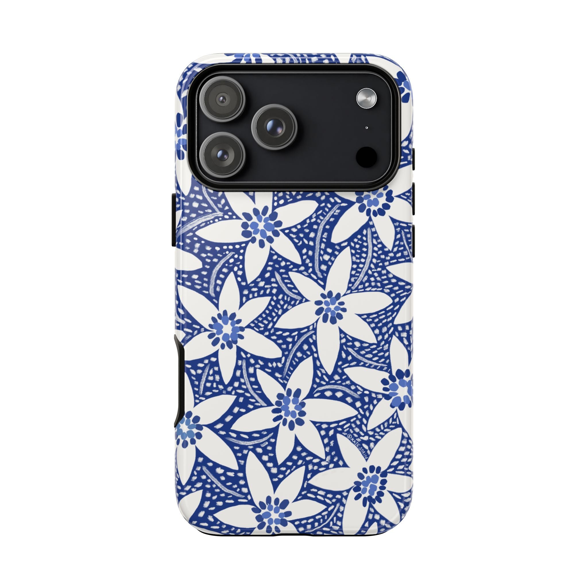 Starflower iPhone 17 Pro Max Case – Glossy | navy, white geometric starflower print