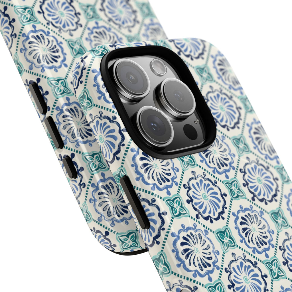 Horizon Blue Tile MagSafe iPhone 16 Pro Max Case – Glossy, angled view closeup of camera cutout and buttons | blue, turquoise, cream white MagSafe compatible, dual-layer protection