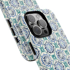 Horizon Blue Tile MagSafe iPhone 16 Pro Max Case – Glossy, angled view closeup of camera cutout and buttons | blue, turquoise, cream white MagSafe compatible, dual-layer protection