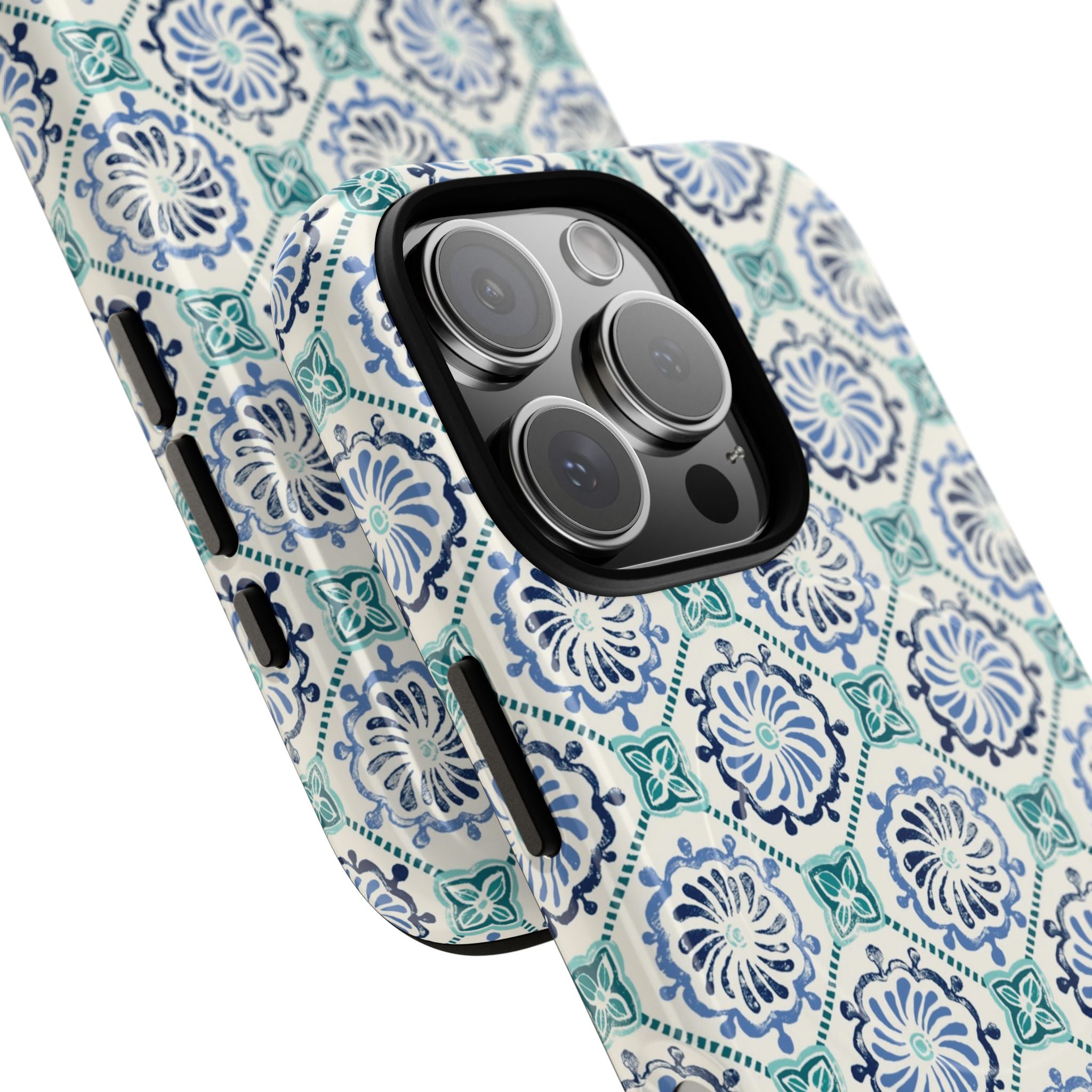 Horizon Blue Tile MagSafe iPhone 16 Pro Max Case – Glossy, angled view closeup of camera cutout and buttons | blue, turquoise, cream white MagSafe compatible, dual-layer protection