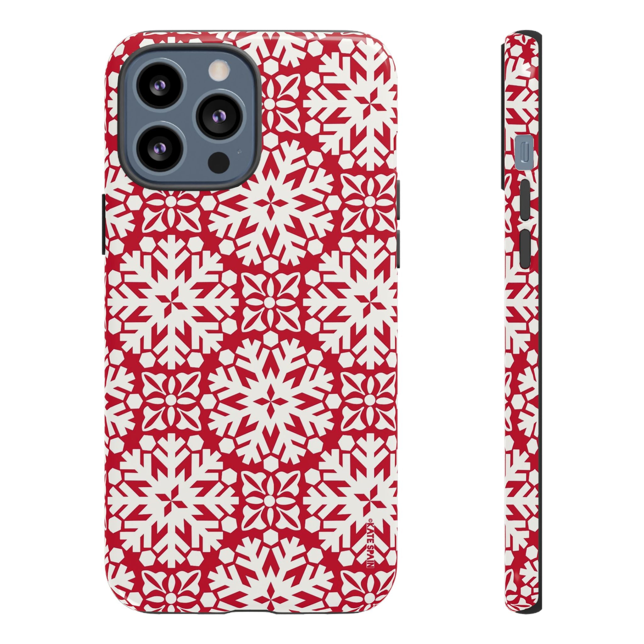 Flurry Tough iPhone 13 Pro Max Case – Glossy | red, cream geometric snowflake medallion print
