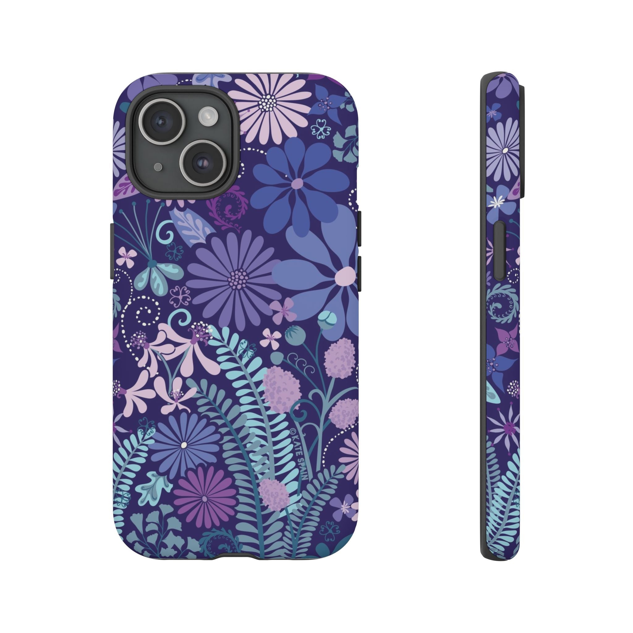 Luxury Terrain Tough iPhone 15 Case – Matte | navy, purple, aqua botanical woodland floral print