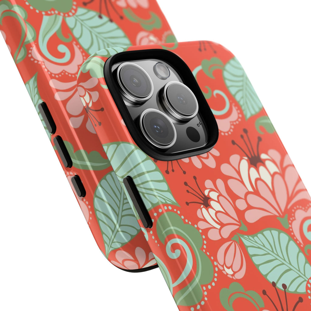 Sarabande Tough iPhone 16 Pro Max Case – Glossy | coral, pink, cream, green botanical floral print