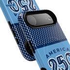 Sea to Shining Sea MagSafe iPhone 17 Air Case – close up of camera in case in navy, sky blue, red, white American stars & stripes 250th anniversary print
