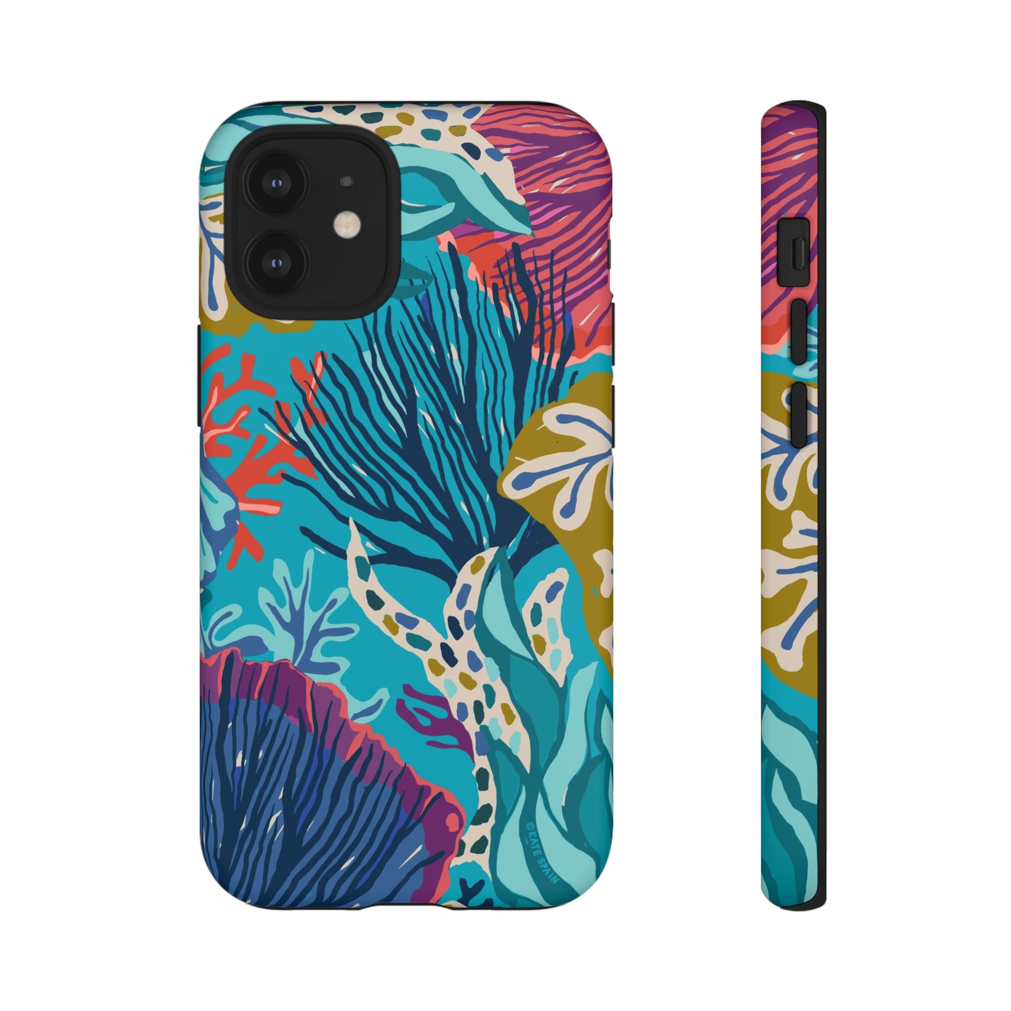 Reef Tough iPhone 12 Mini Case – Matte | teal, coral, navy, purple botanical coral reef print