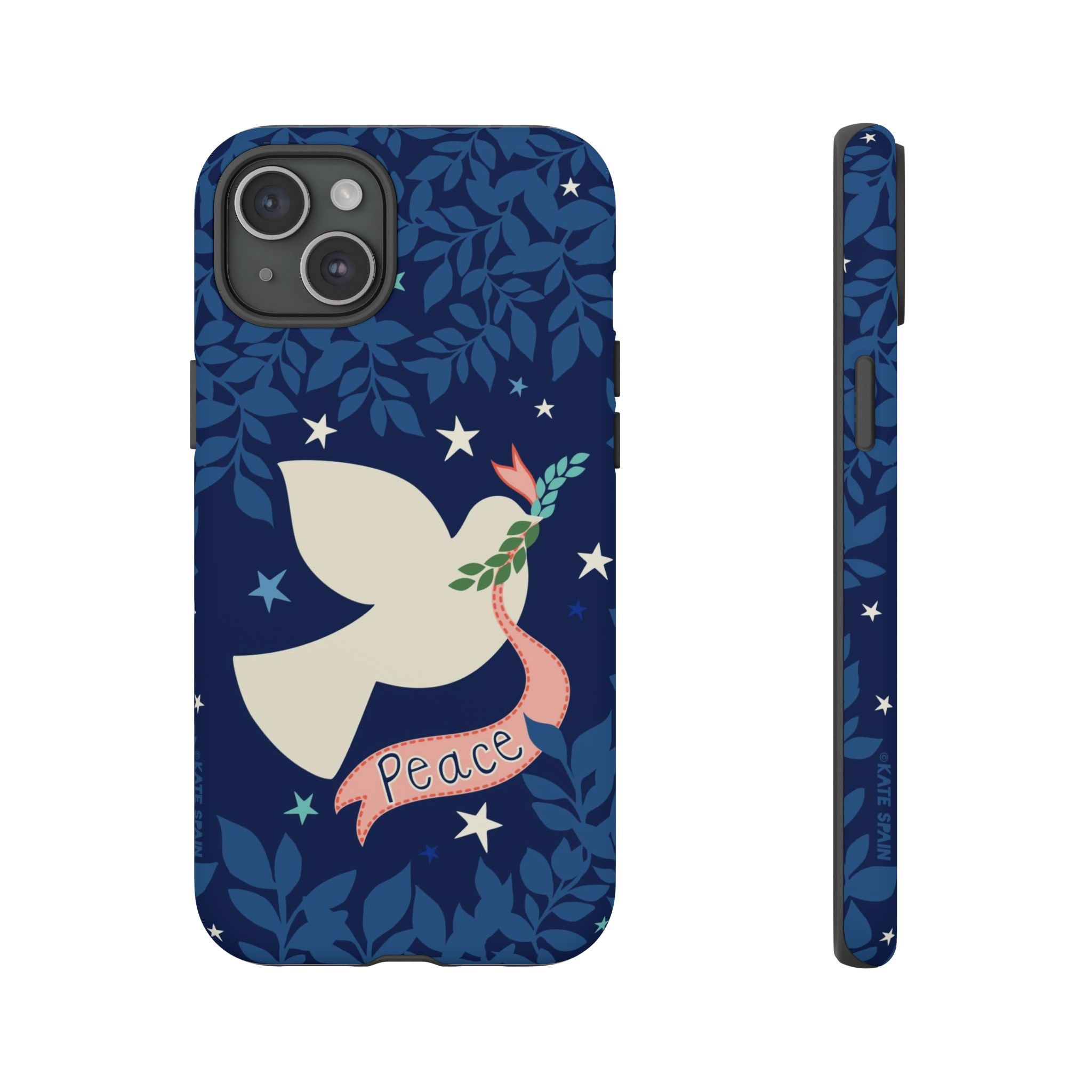 Peace Tough iPhone 15 Plus Case – Matte | navy, cream peace dove, stars, botanical print