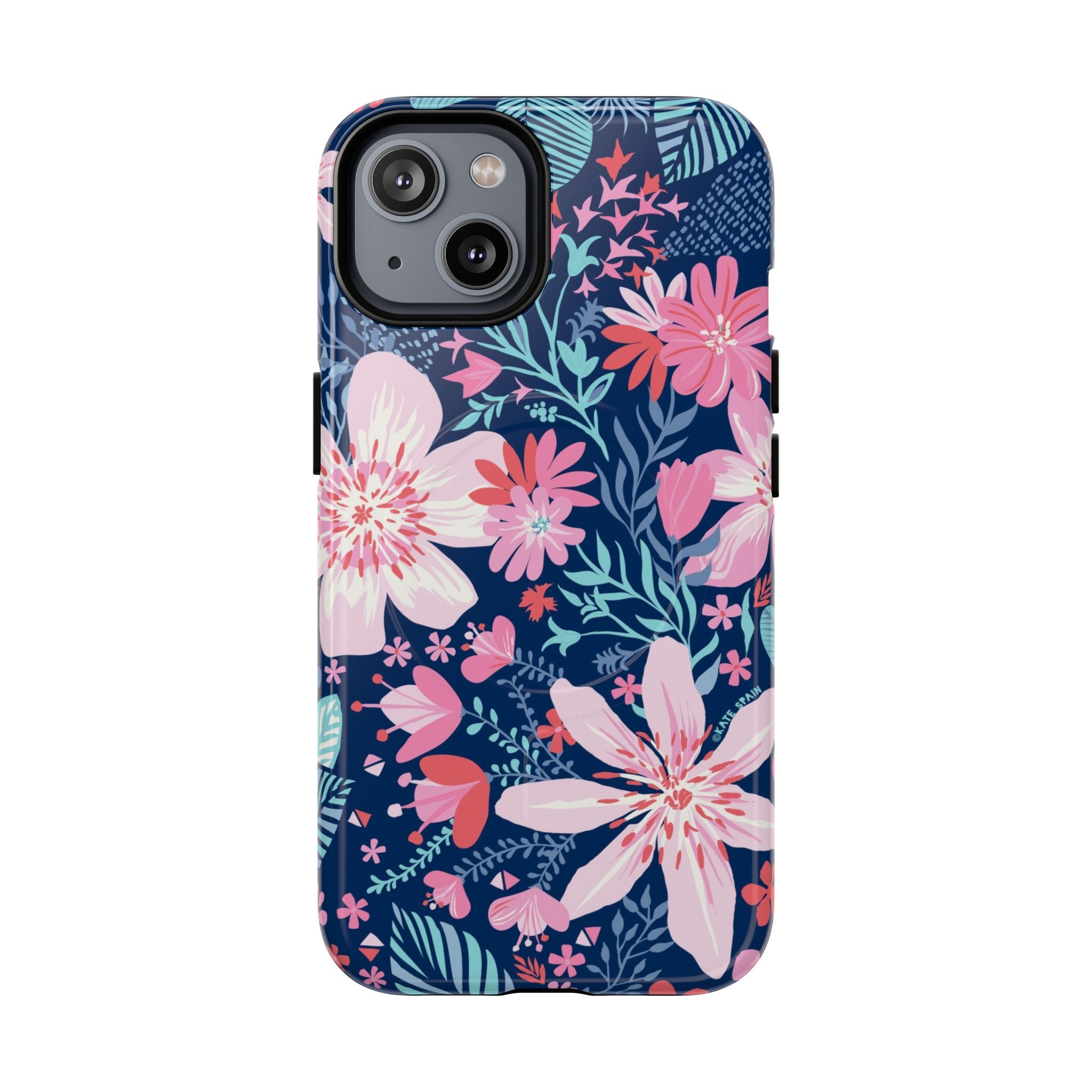 Bonaire MagSafe iPhone 14 Case – Glossy | navy, pink, white tropical floral botanical print
