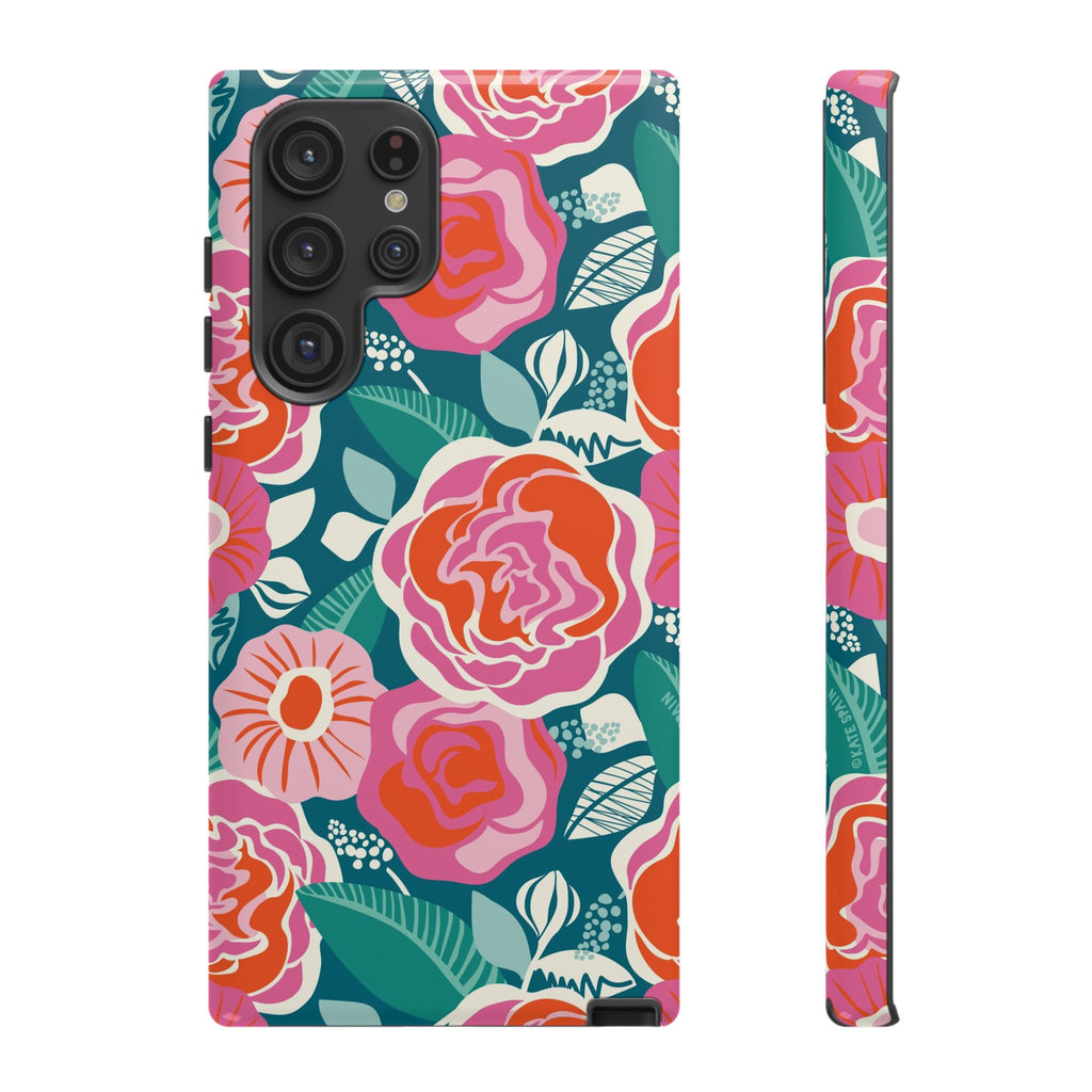 Luxury Tea Rose Teal Samsung Galaxy S22 Ultra Case – Glossy | teal, coral, pink botanical rose floral print