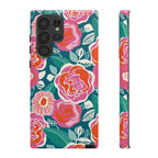 Luxury Tea Rose Teal Samsung Galaxy S22 Ultra Case – Glossy | teal, coral, pink botanical rose floral print