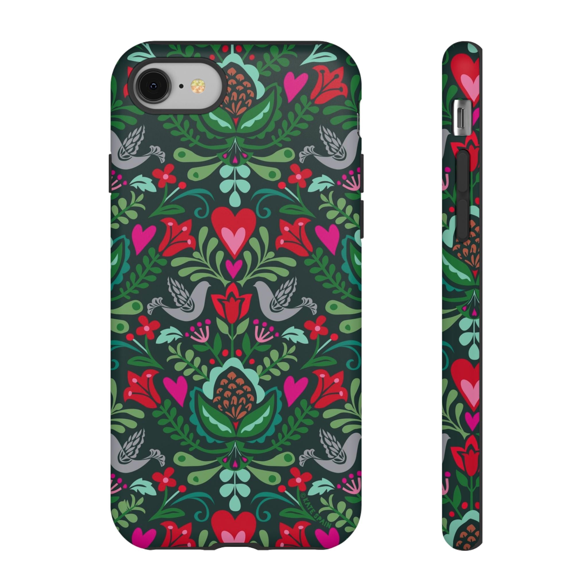 Rosemaling Tough iPhone 8 Case – Matte | dark green, red, pink, gray folk art floral bird print