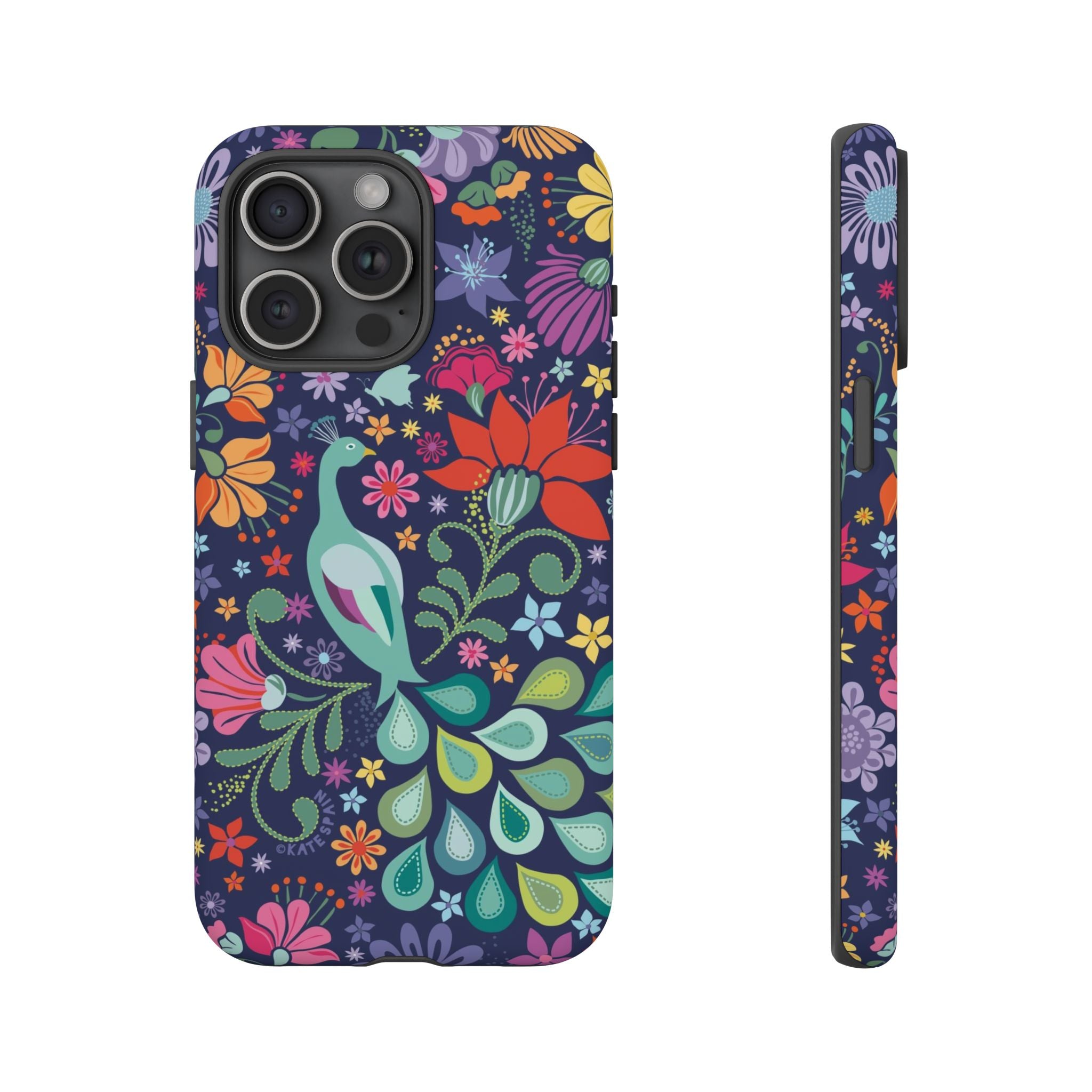 Peacock Sanctuary Tough iPhone 15 Pro Max Case – Matte | navy, teal, coral multicolor vibrant peacock feather botanical print