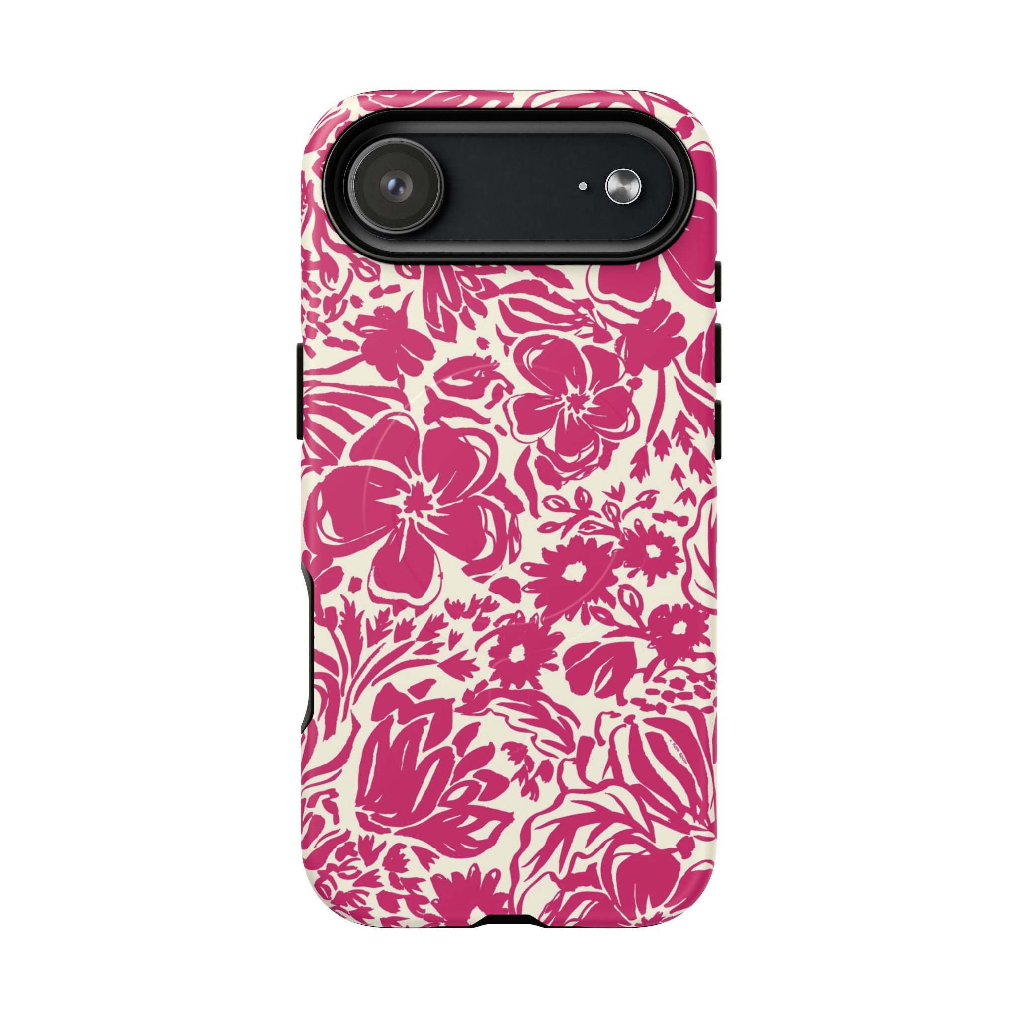 Rhapsody Bright Pink MagSafe iPhone 17 Air Matte case — bold magenta floral print on cream by Kate Spain