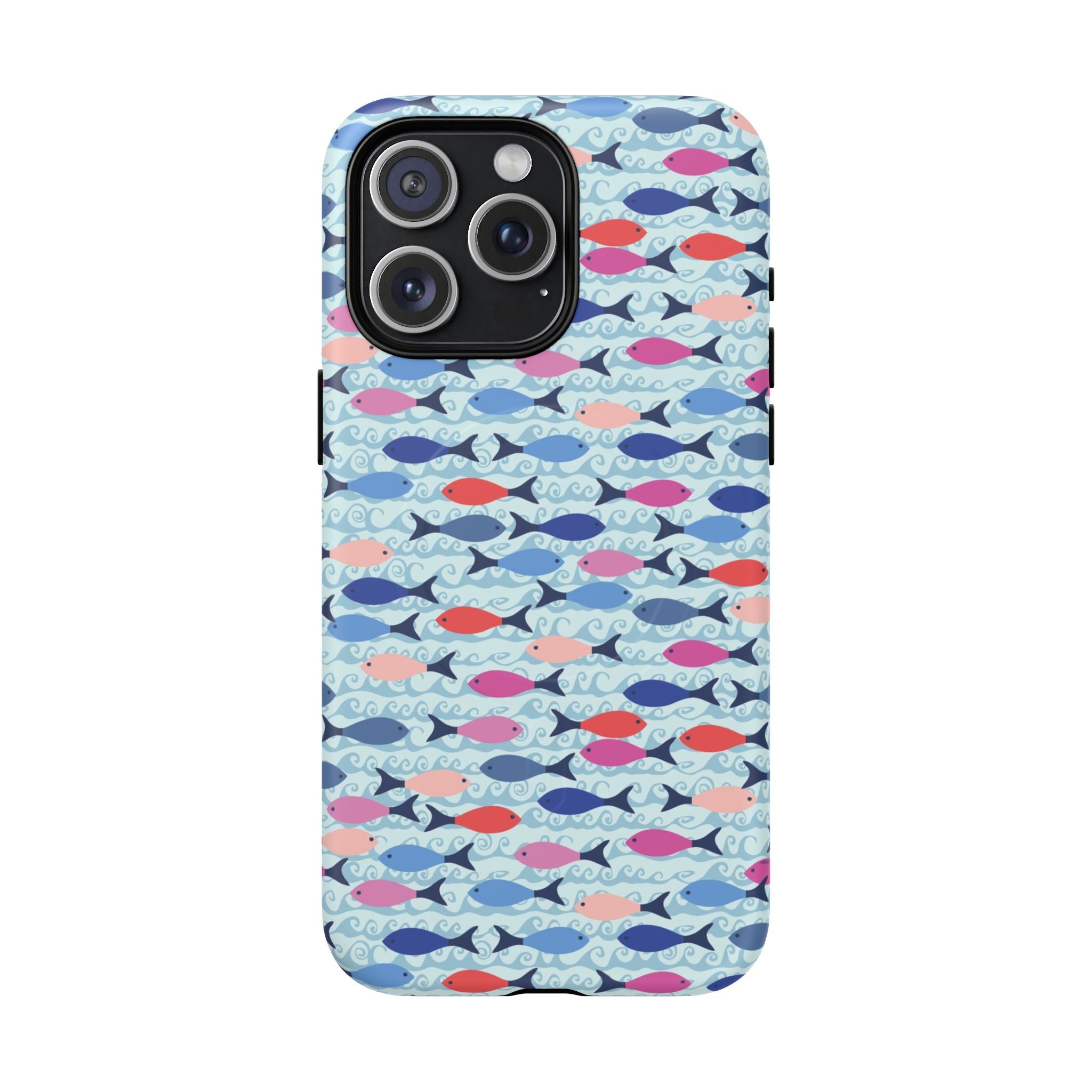 Summer Minnows MagSafe iPhone 15 Pro Max Case – Matte | navy, coral, pink, and periwinkle fish on a pale aqua ground