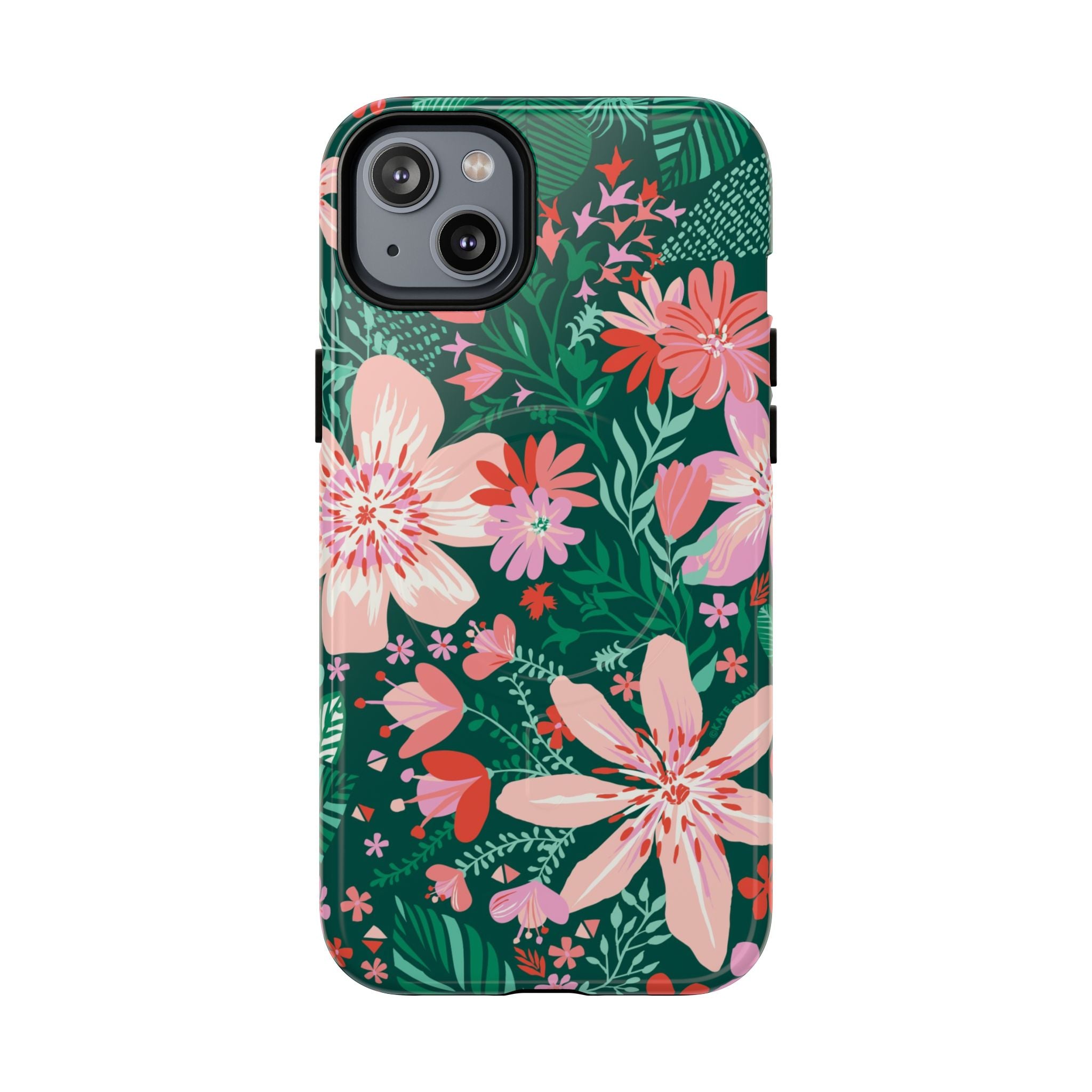 Bonaire MagSafe iPhone 14 Plus Case – Glossy | jade, pink, white tropical floral botanical print