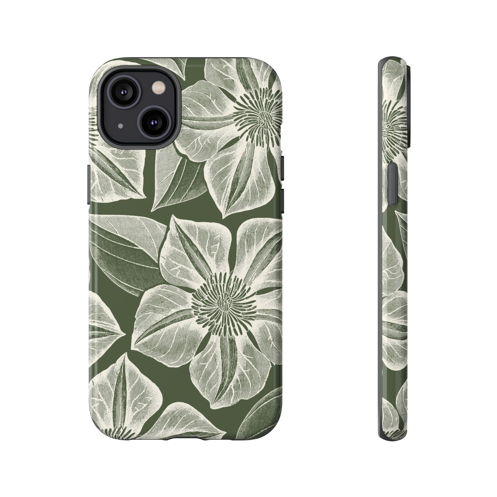 Vintage Bloom Cypress iPhone 14 Plus case – Glossy | cypress green ground, large-scale white clematis print, engraved petal detail, dual-layer protection