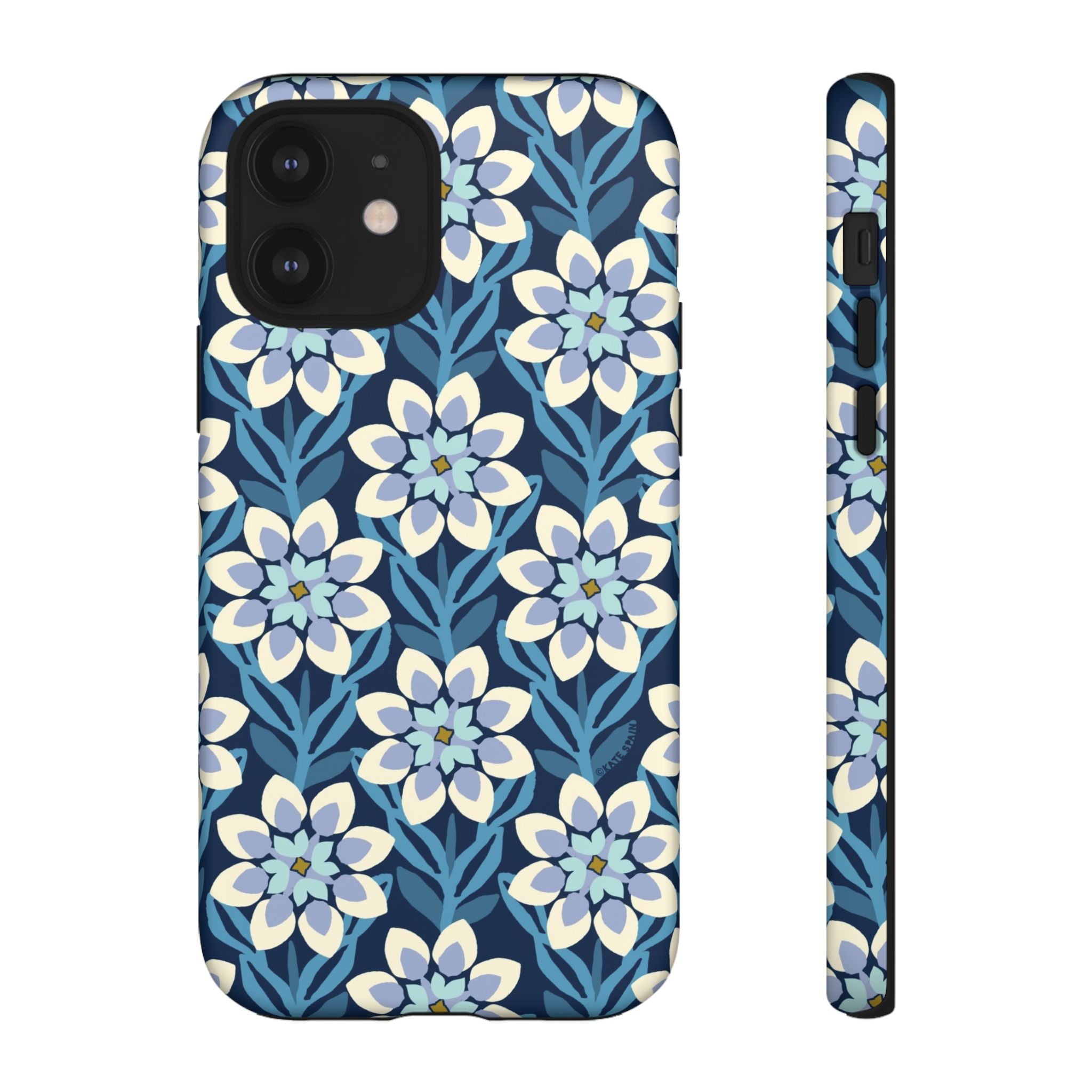 Designer Modern Dahlia Tough iPhone 12 Case – Matte | navy, cobalt, white dahlia floral print