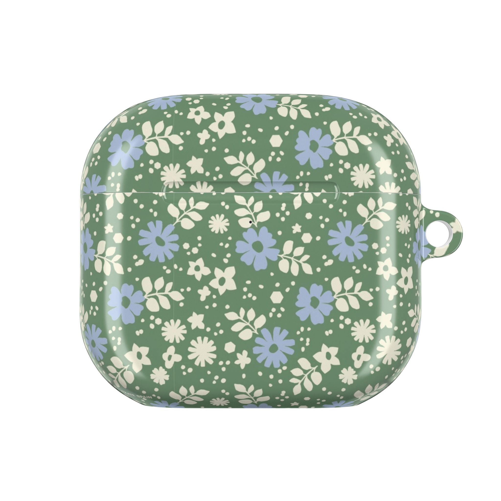 Floral-patterned AirPods case on a green background with mist blue flowers