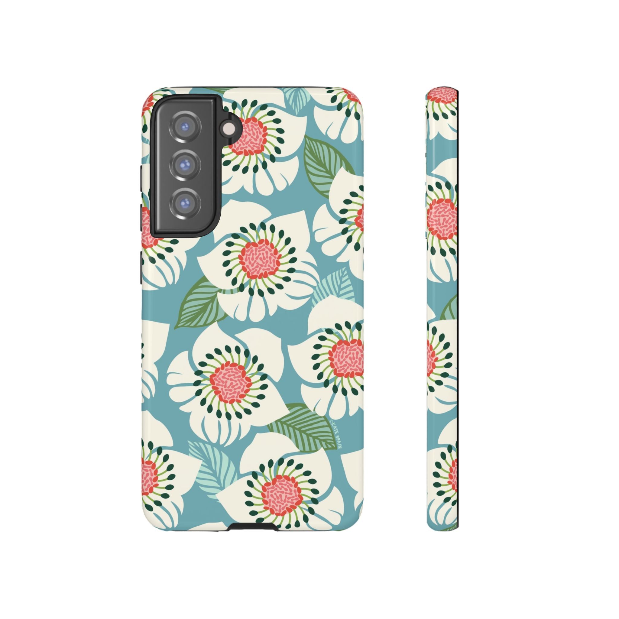 Artistic Panache Samsung Galaxy S21 FE Case – Glossy | sky blue, pale cream, pink anemone floral print