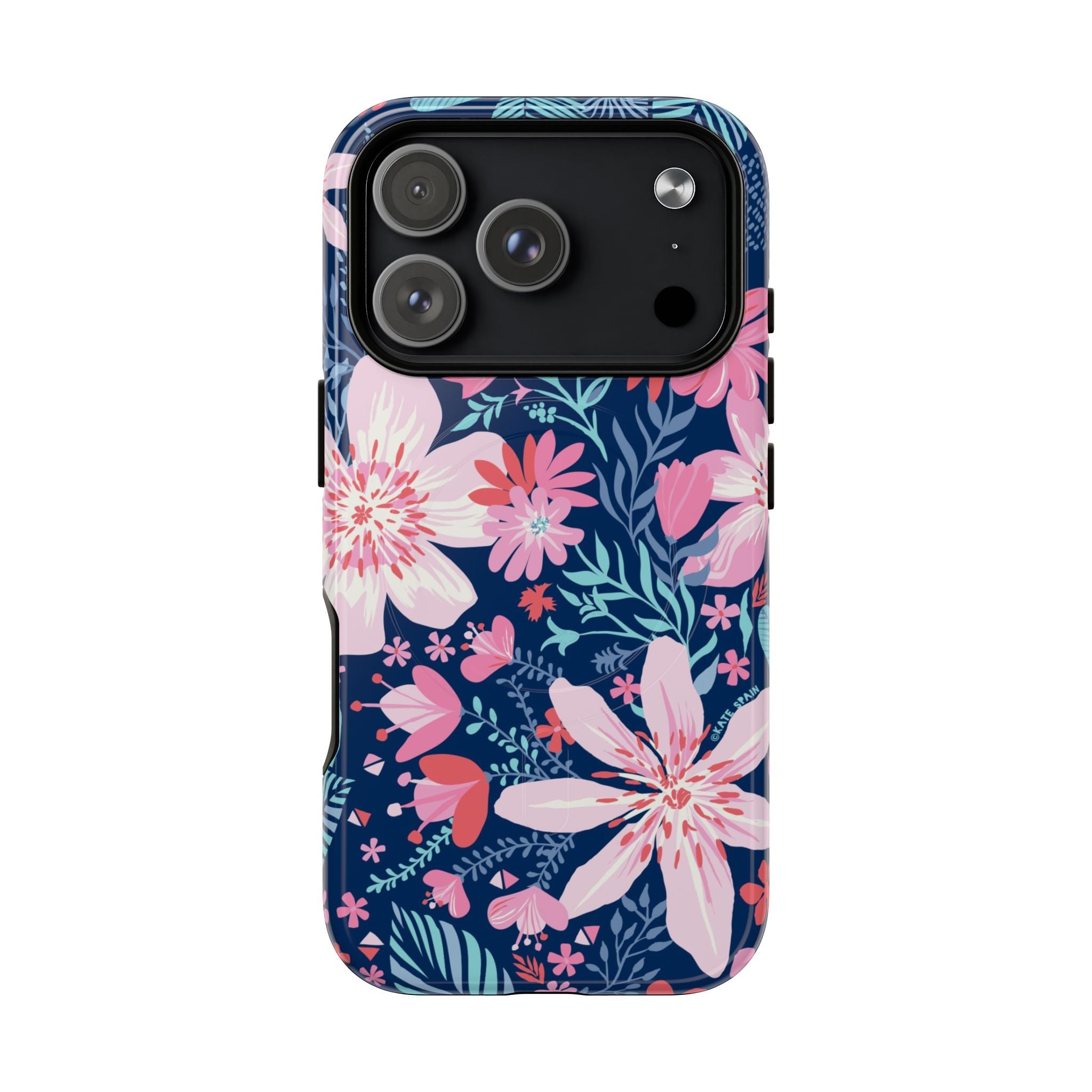 Bonaire MagSafe iPhone 17 Pro Case – Glossy | navy, pink, white tropical floral botanical print