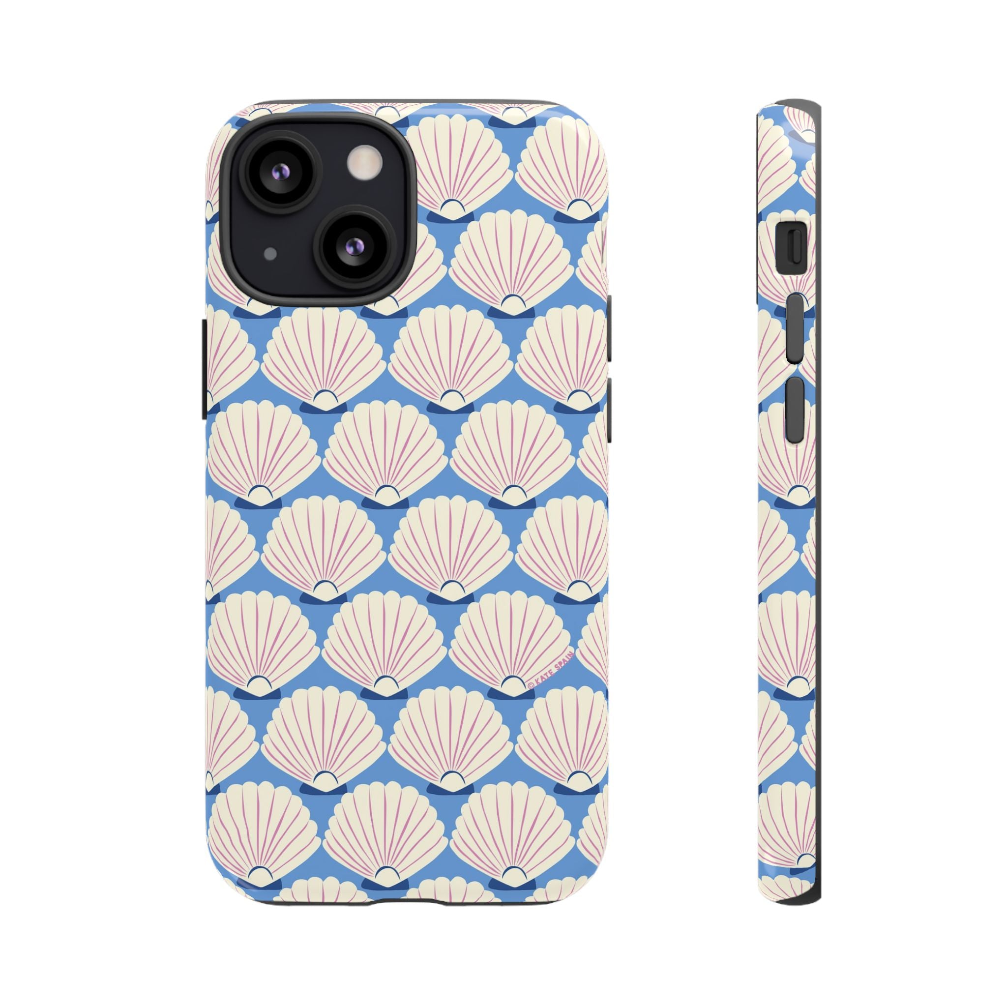 Seashells Tough iPhone 13 Mini Case – Glossy | periwinkle, cream, blush scallop shell print