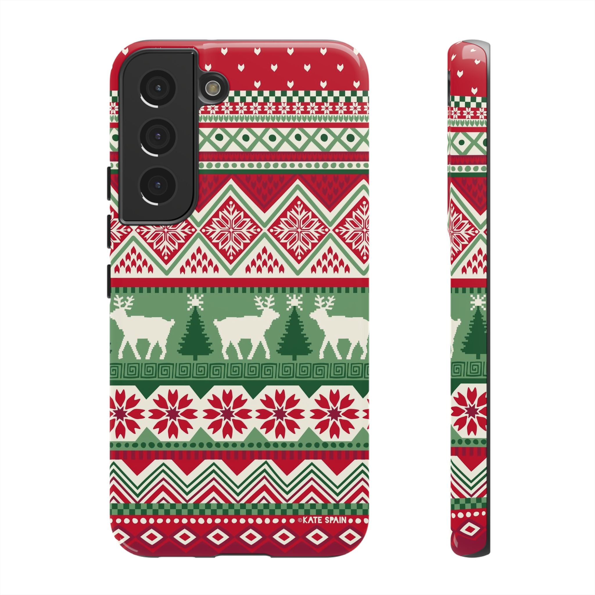 Luxury Telemark Samsung Galaxy S22 Case – Glossy | red, green, cream Nordic fair isle reindeer print
