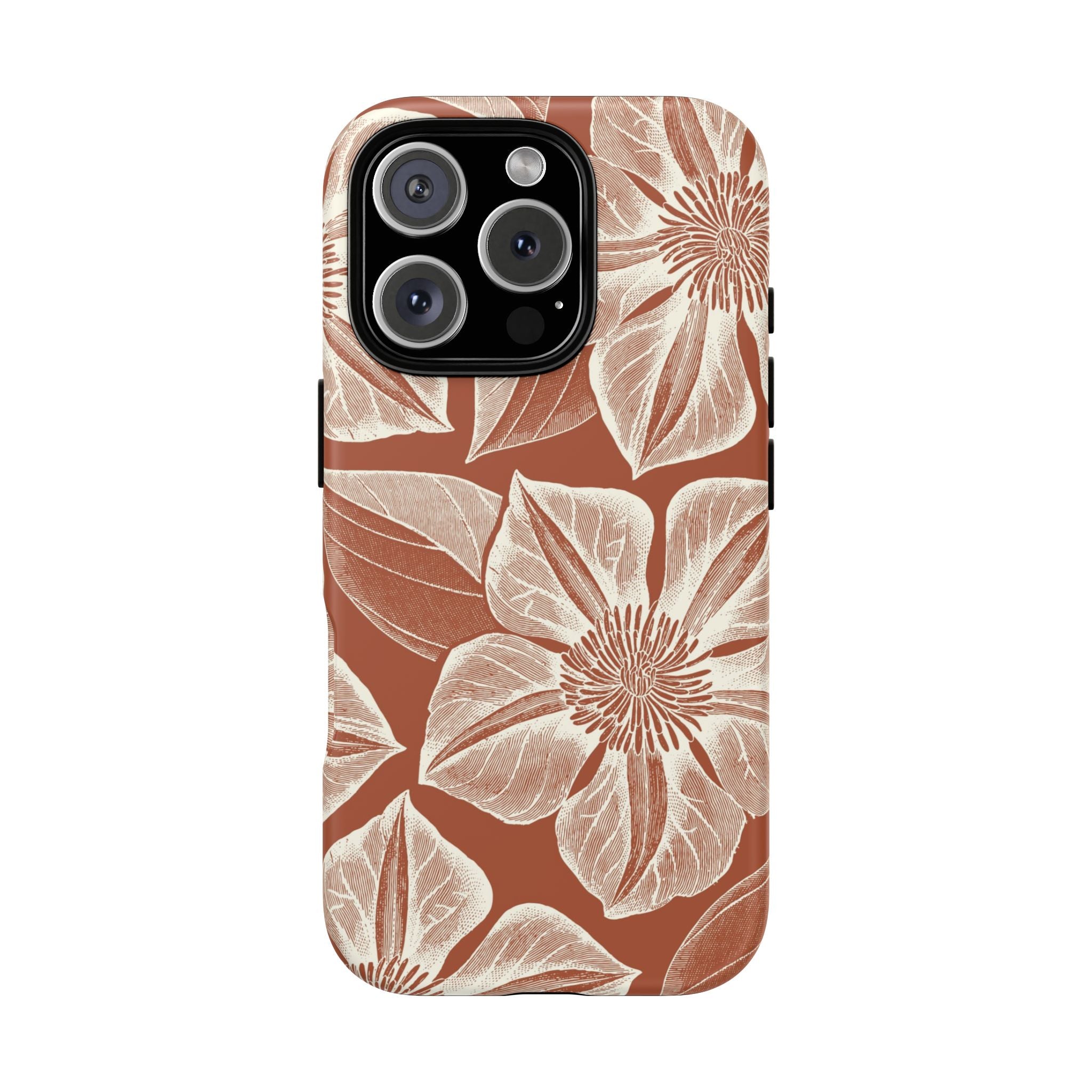 Vintage Bloom Sienna iPhone 16 Pro case – Matte | sienna ground, large-scale cream clematis print, engraved petal detail, dual-layer protection