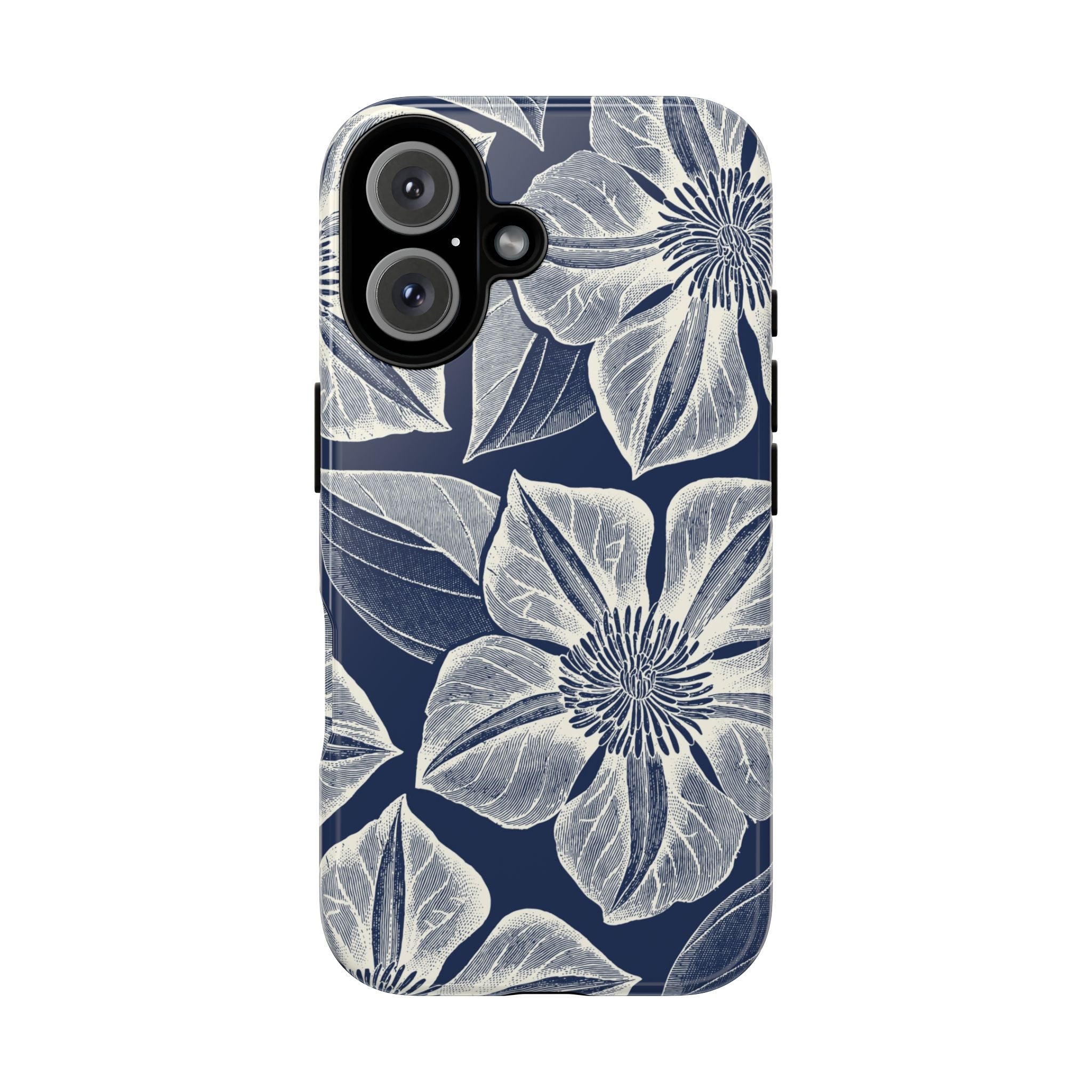 Vintage Bloom Navy iPhone 16 case – Glossy | navy ground, large-scale cream clematis print, engraved petal detail, dual-layer protection