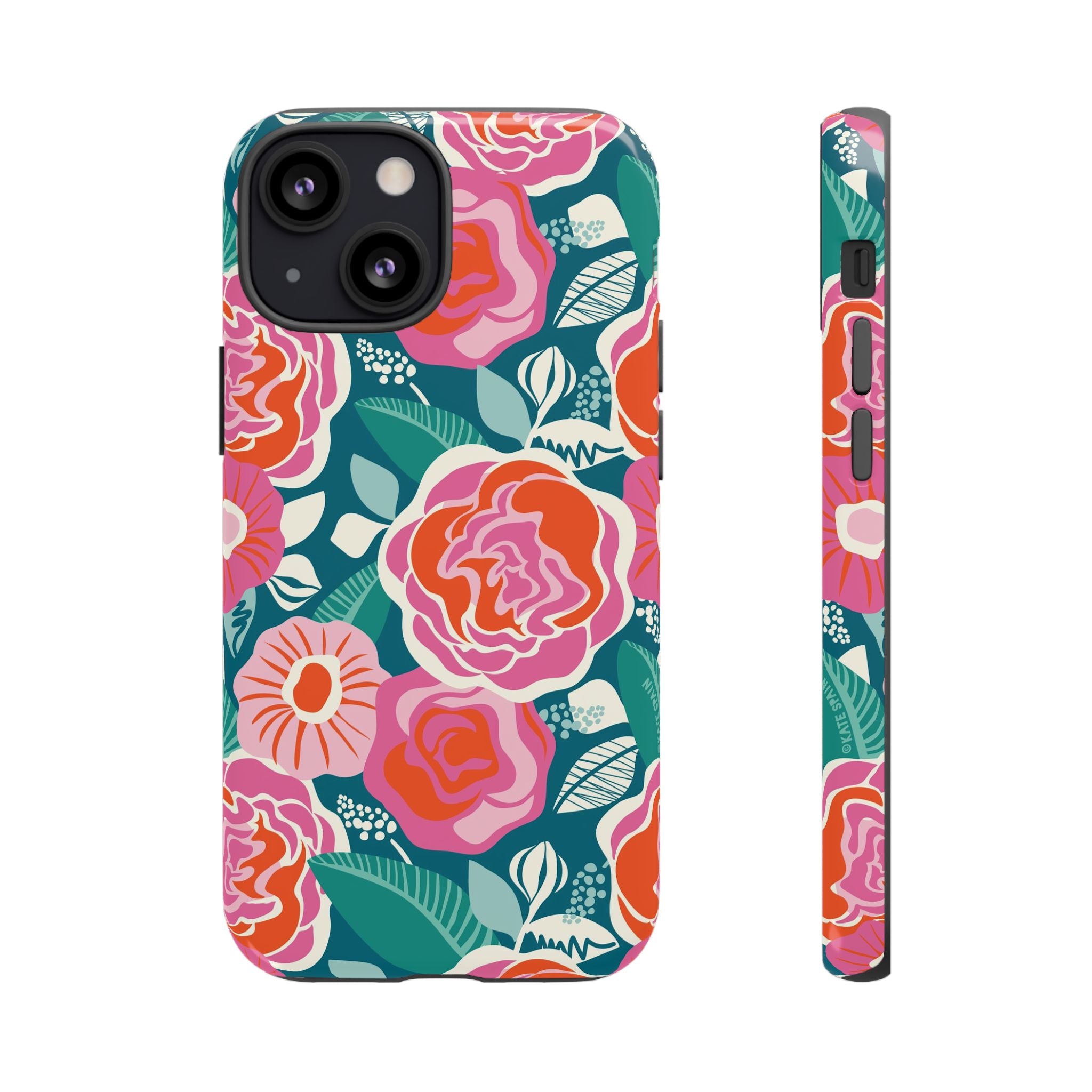 Tea Rose Teal Tough iPhone 13 Mini Case – Glossy | teal, coral, pink botanical rose floral print